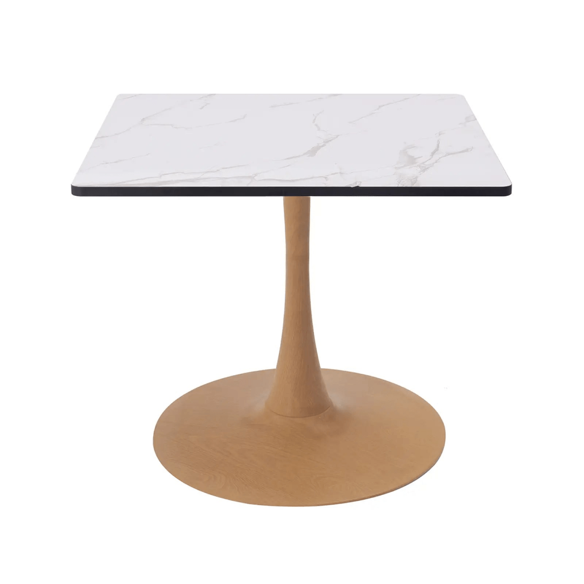 Leisuremod Dining Table Natural Wood Bristol 27" Square Dining Table with Marbled White MDF Top and Steel Pedestal Base