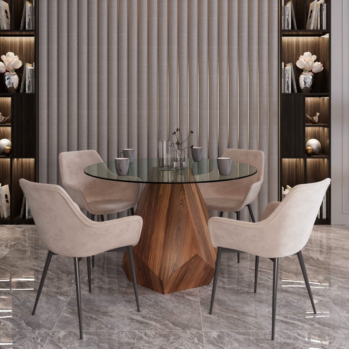 Nebo Modern Dining Table in Walnut Base with Glass/Sintered Stone Table Top Clear Glass Dining Table Leisuremod