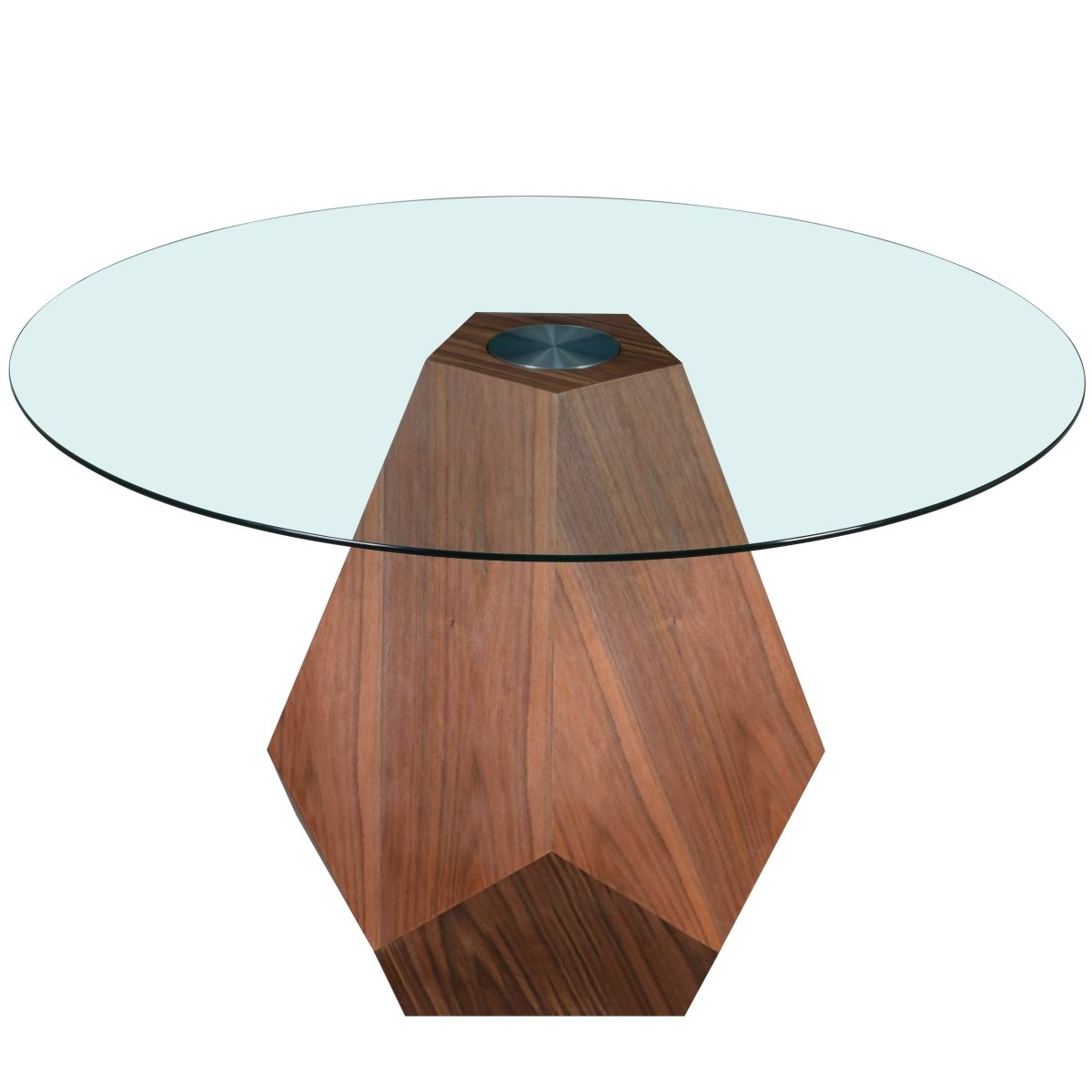 Nebo Modern Dining Table in Walnut Base with Glass/Sintered Stone Table Top Clear Glass Dining Table Leisuremod