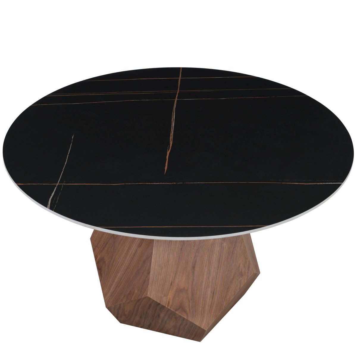 Nebo Modern Dining Table in Walnut Base with Glass/Sintered Stone Table Top Black Stone Dining Table Leisuremod