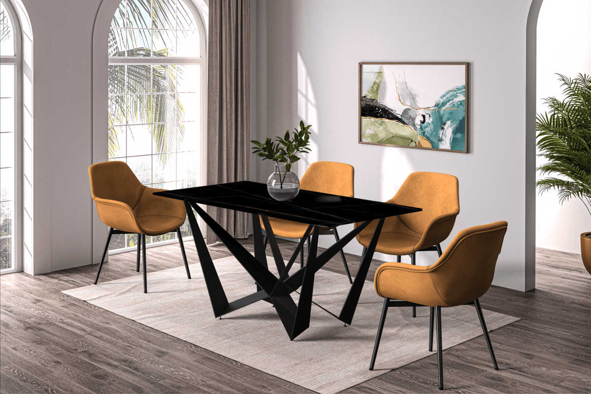 Leisuremod Dining Table Nuvor Dining Table with Rectangular Sintered Stone/Glass Tabletop and Black Steel Legs