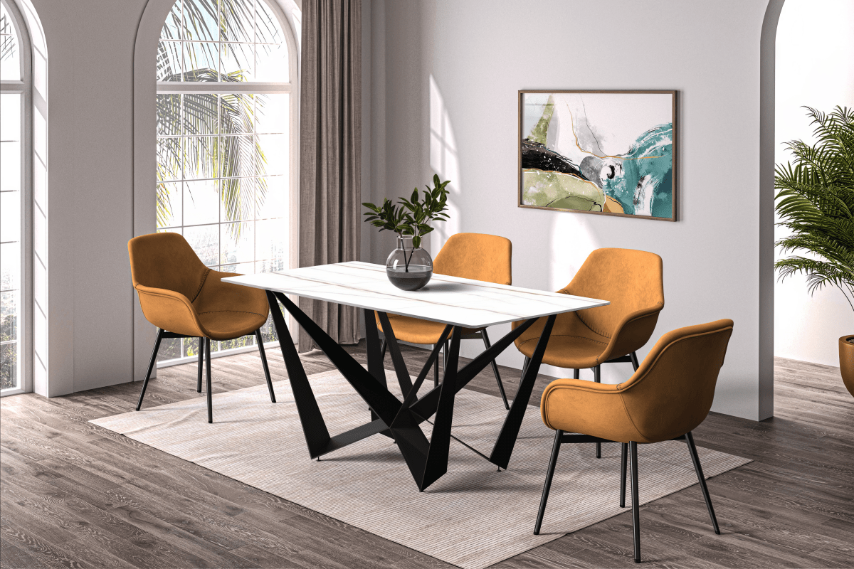 Leisuremod Dining Table Nuvor Dining Table with Rectangular Sintered Stone/Glass Tabletop and Black Steel Legs