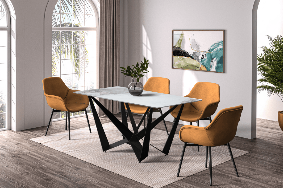 Leisuremod Dining Table Nuvor Dining Table with Rectangular Sintered Stone/Glass Tabletop and Black Steel Legs