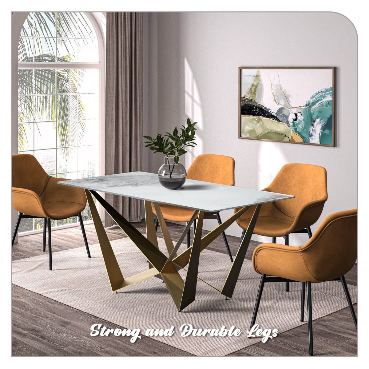 Nuvor Dining Table with Rectangular Sintered Stone/Glass Tabletop and Gold Steel Legs Sintered Stone 55 Inches Wide Light Grey Dining Table Leisuremod
