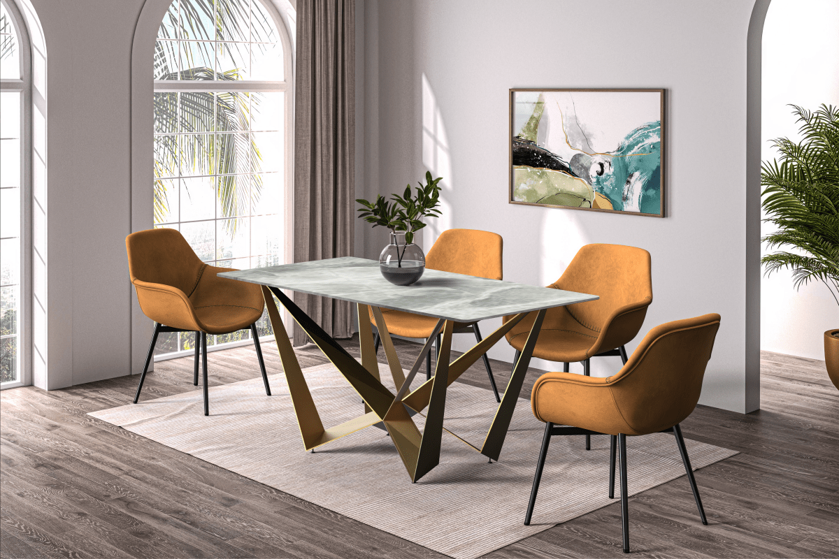 Nuvor Dining Table with Rectangular Sintered Stone/Glass Tabletop and Gold Steel Legs Sintered Stone 55 Inches Wide Light Grey Dining Table Leisuremod
