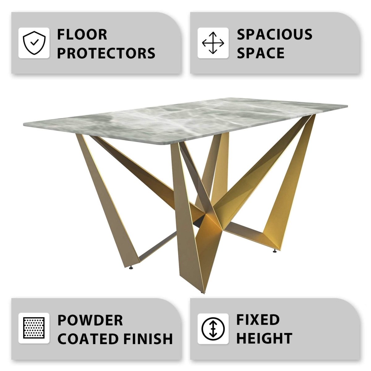 Nuvor Dining Table with Rectangular Sintered Stone/Glass Tabletop and Gold Steel Legs Sintered Stone 55 Inches Wide Deep Grey Dining Table Leisuremod