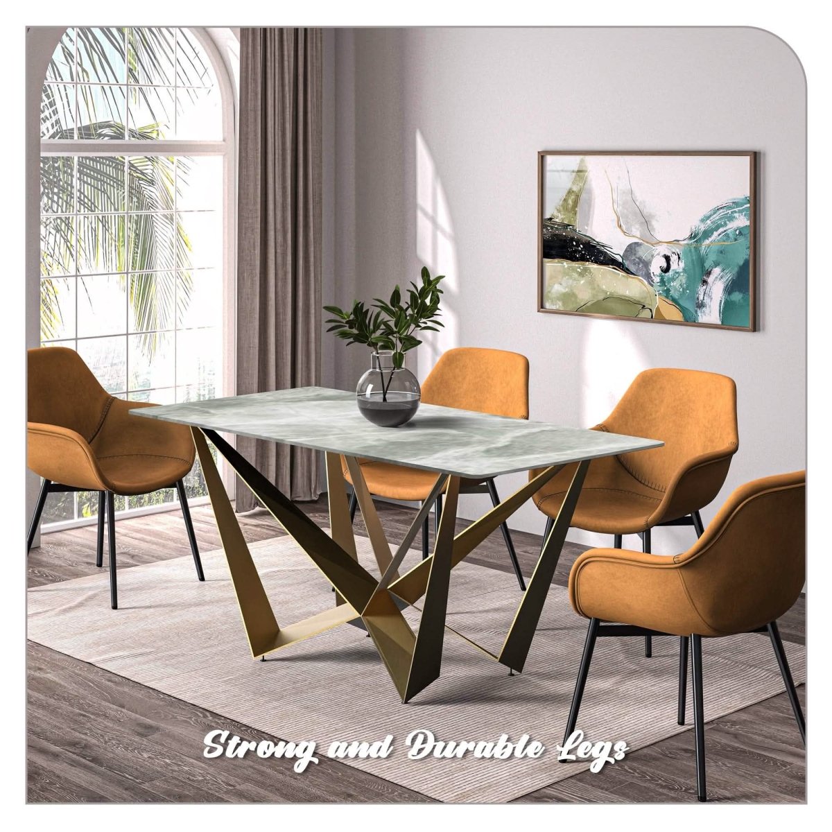 Nuvor Dining Table with Rectangular Sintered Stone/Glass Tabletop and Gold Steel Legs Sintered Stone 55 Inches Wide Deep Grey Dining Table Leisuremod