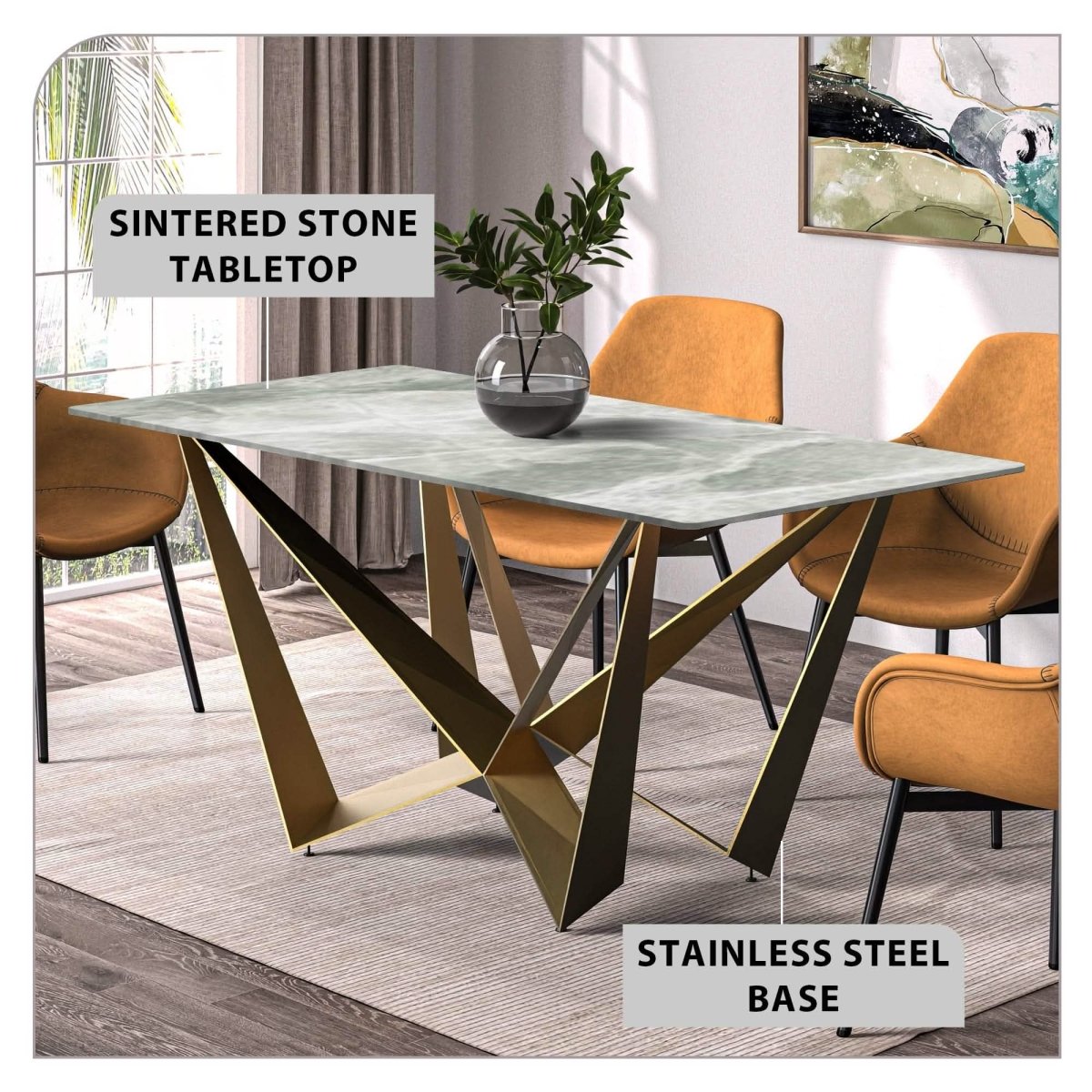 Nuvor Dining Table with Rectangular Sintered Stone/Glass Tabletop and Gold Steel Legs Sintered Stone 55 Inches Wide Deep Grey Dining Table Leisuremod