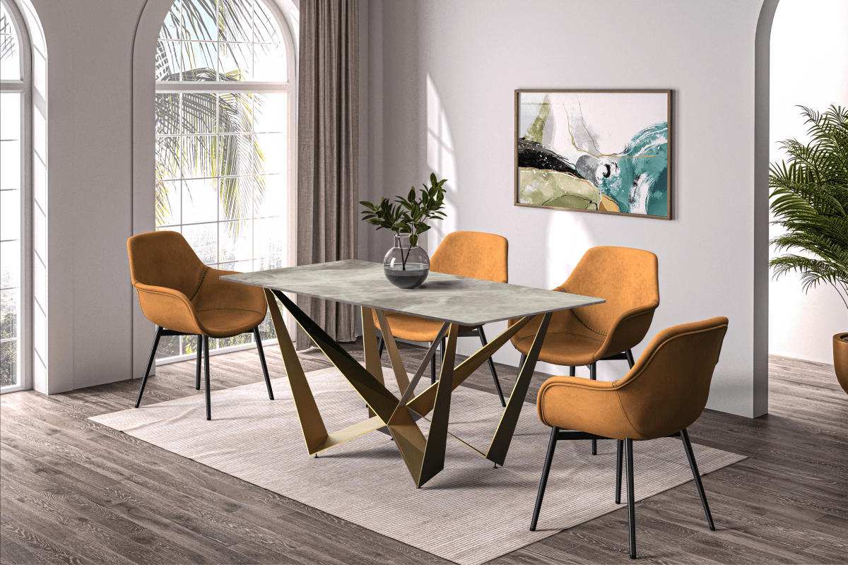 Nuvor Dining Table with Rectangular Sintered Stone/Glass Tabletop and Gold Steel Legs Sintered Stone 55 Inches Wide Deep Grey Dining Table Leisuremod