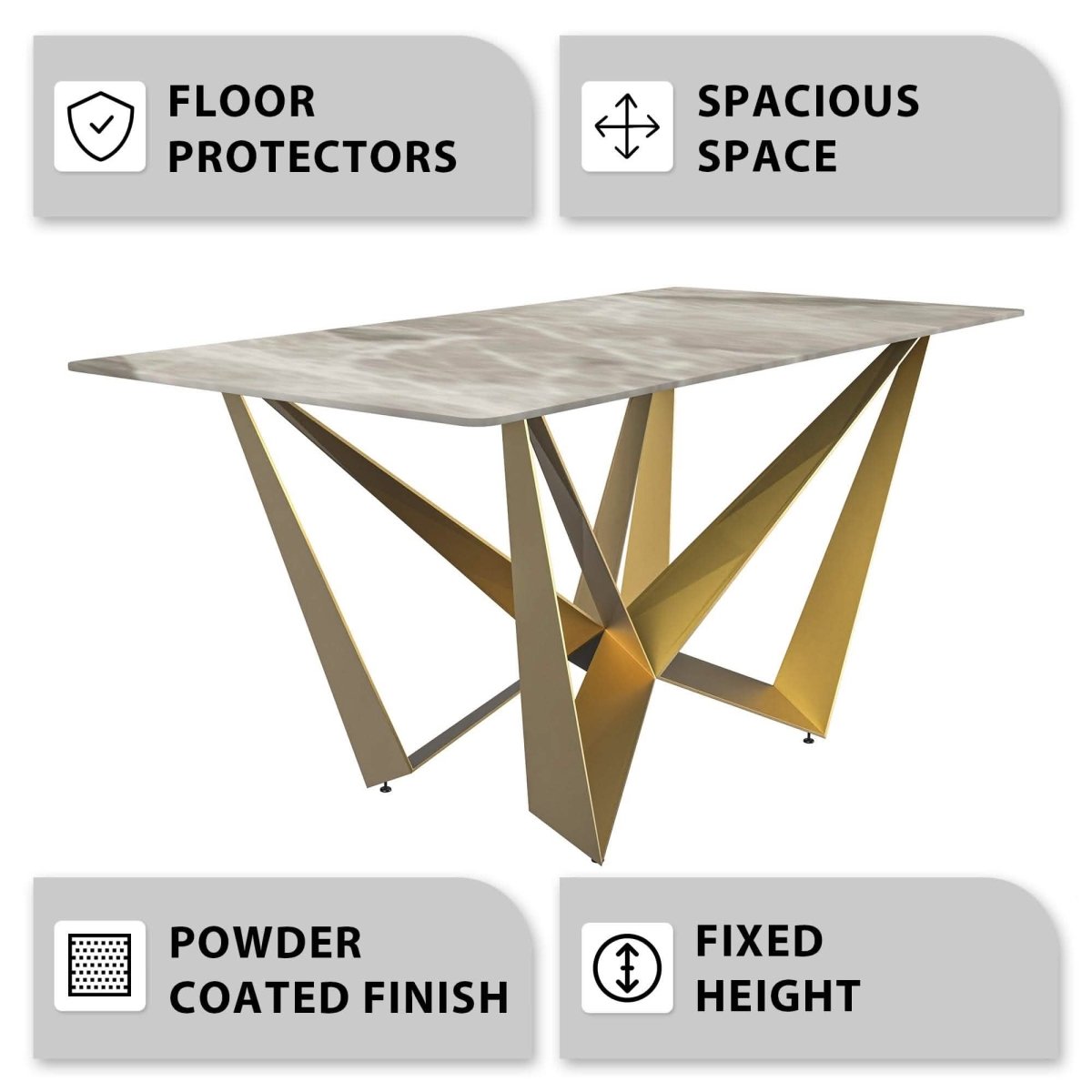 Nuvor Dining Table with Rectangular Sintered Stone/Glass Tabletop and Gold Steel Legs Sintered Stone 55 Inches Wide Deep Grey Dining Table Leisuremod
