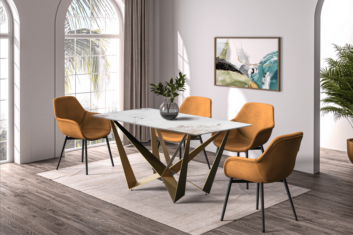 Nuvor Dining Table with Rectangular Sintered Stone/Glass Tabletop and Gold Steel Legs Sintered Stone 55 Inches Wide White Grey Dining Table Leisuremod