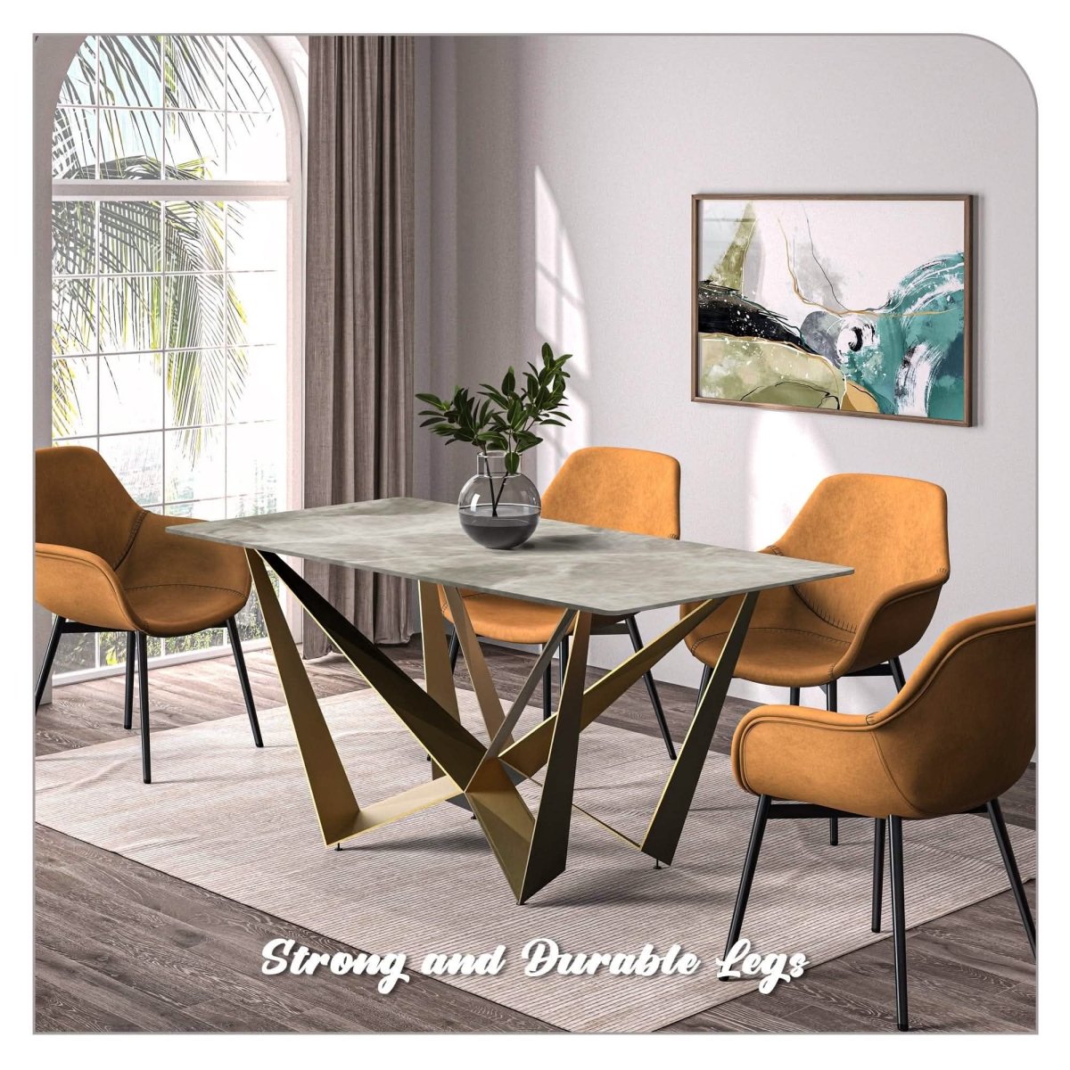 Nuvor Dining Table with Rectangular Sintered Stone/Glass Tabletop and Gold Steel Legs Sintered Stone 55 Inches Wide Deep Grey Dining Table Leisuremod