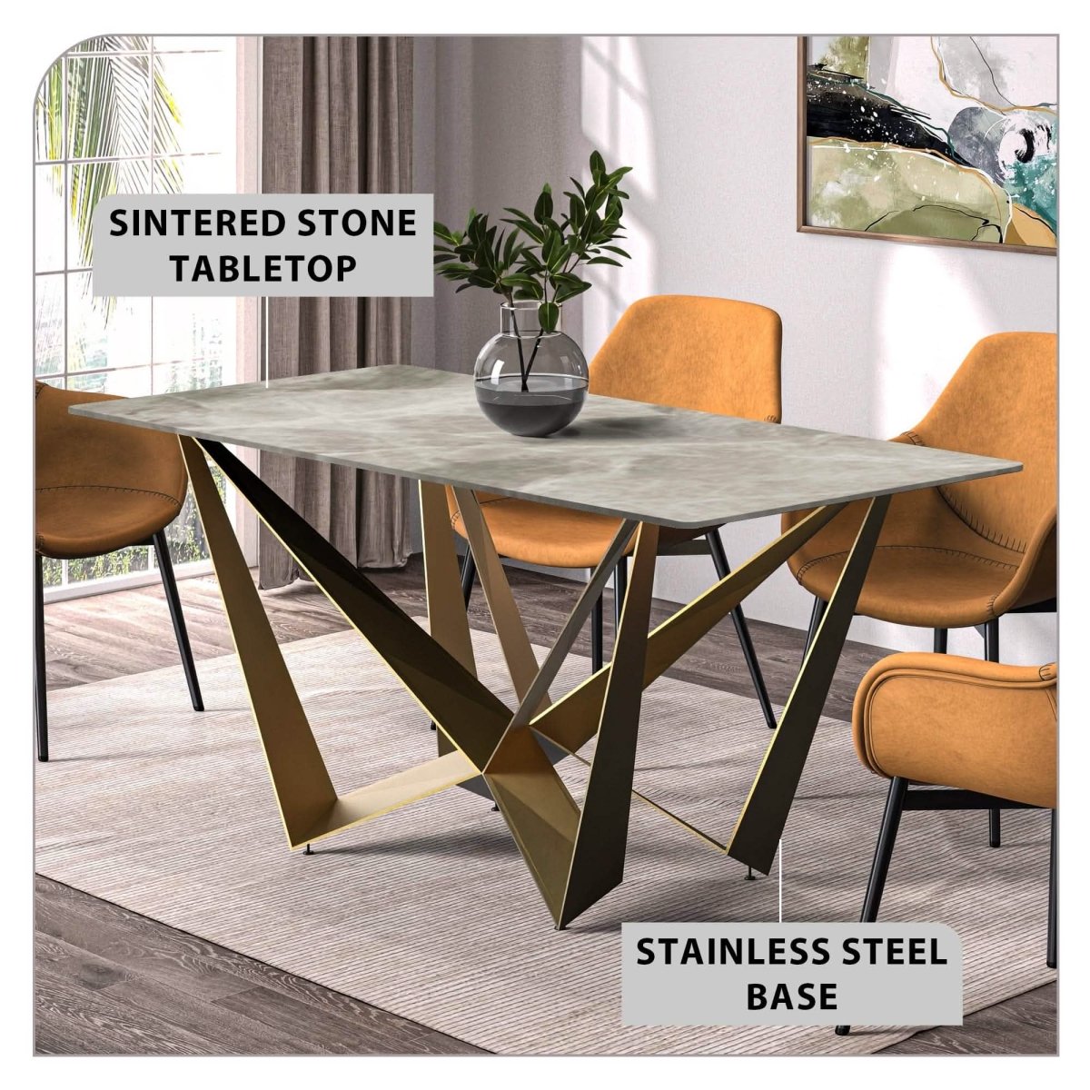 Nuvor Dining Table with Rectangular Sintered Stone/Glass Tabletop and Gold Steel Legs Sintered Stone 55 Inches Wide Deep Grey Dining Table Leisuremod