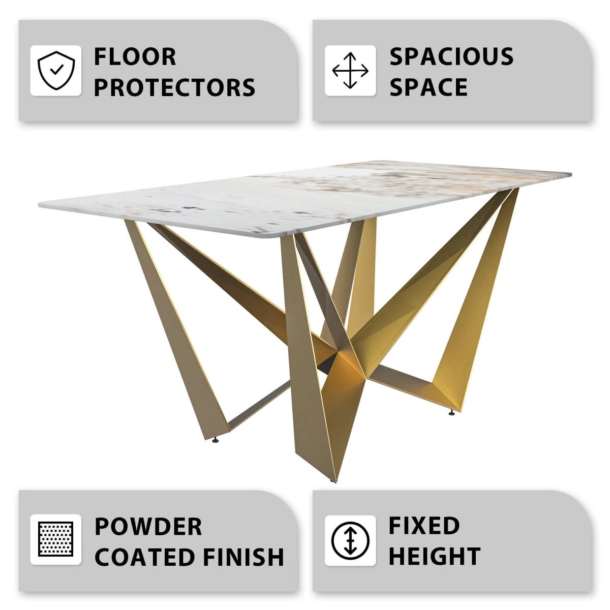 Nuvor Dining Table with Rectangular Sintered Stone/Glass Tabletop and Gold Steel Legs Sintered Stone 55 Inches Wide Black and Gold Dining Table Leisuremod