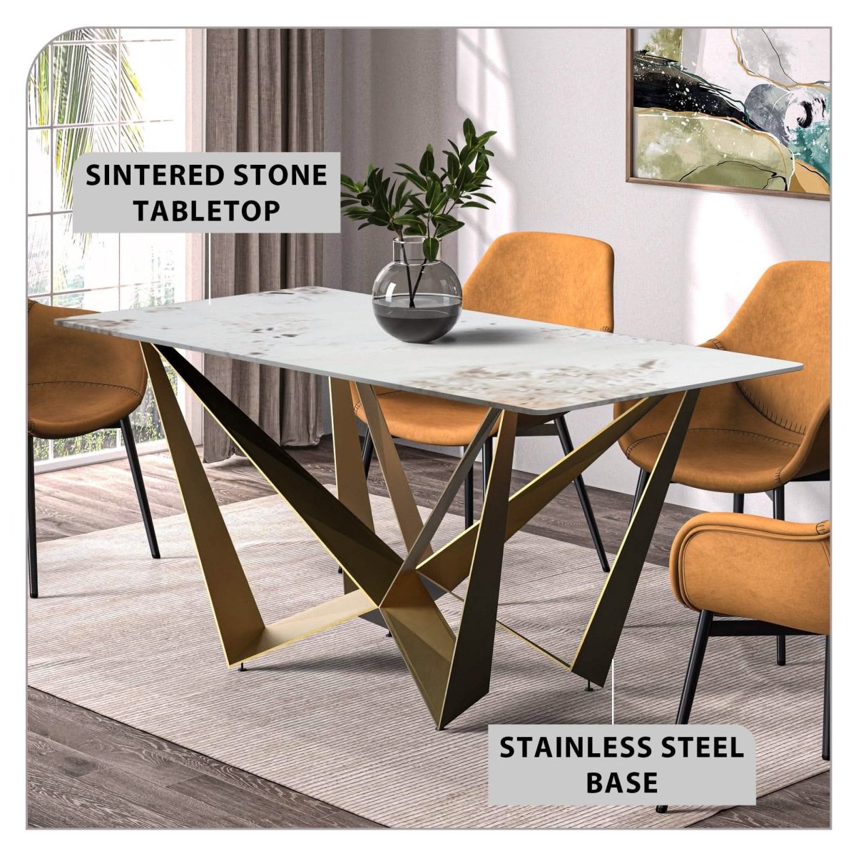 Nuvor Dining Table with Rectangular Sintered Stone/Glass Tabletop and Gold Steel Legs Sintered Stone 55 Inches Wide Black and Gold Dining Table Leisuremod