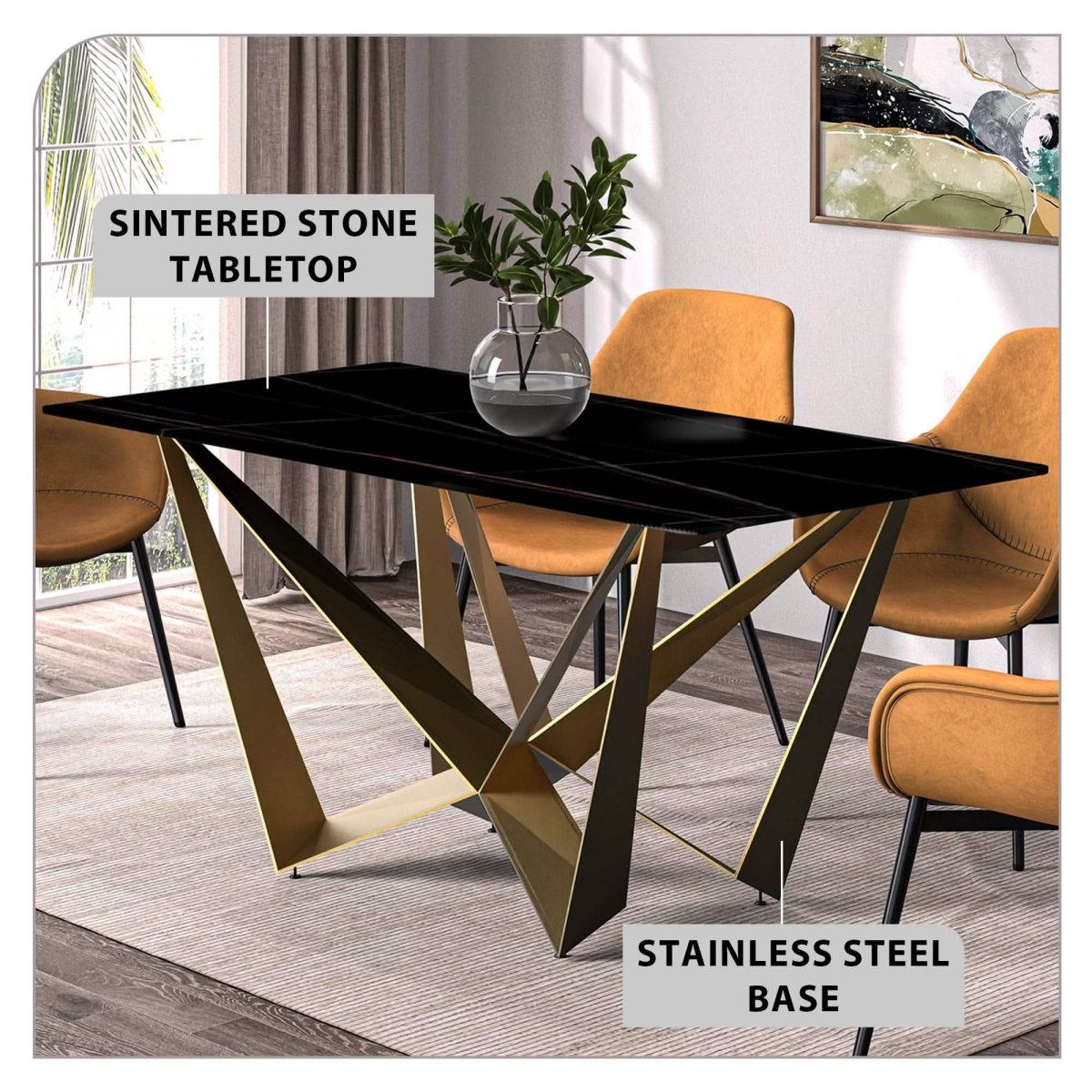 Nuvor Dining Table with Rectangular Sintered Stone/Glass Tabletop and Gold Steel Legs Sintered Stone 55 Inches Wide Black and Gold Dining Table Leisuremod