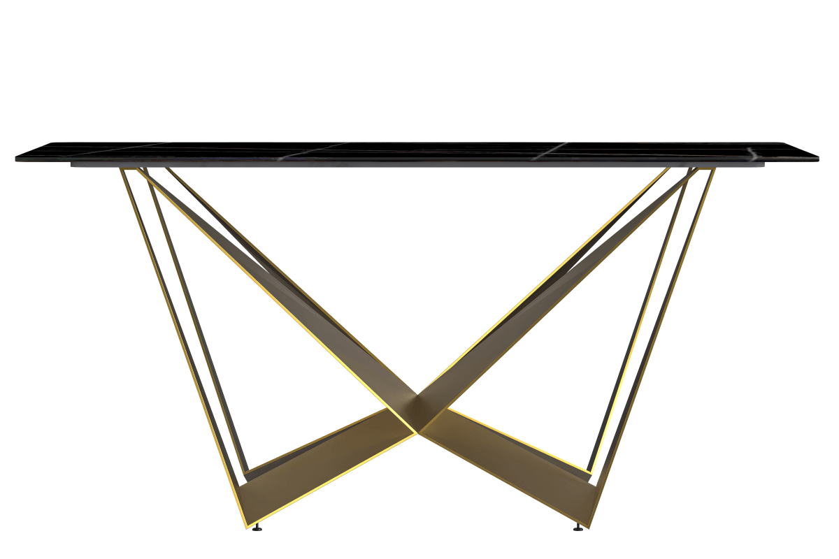 Nuvor Dining Table with Rectangular Sintered Stone/Glass Tabletop and Gold Steel Legs Sintered Stone 55 Inches Wide Black and Gold Dining Table Leisuremod