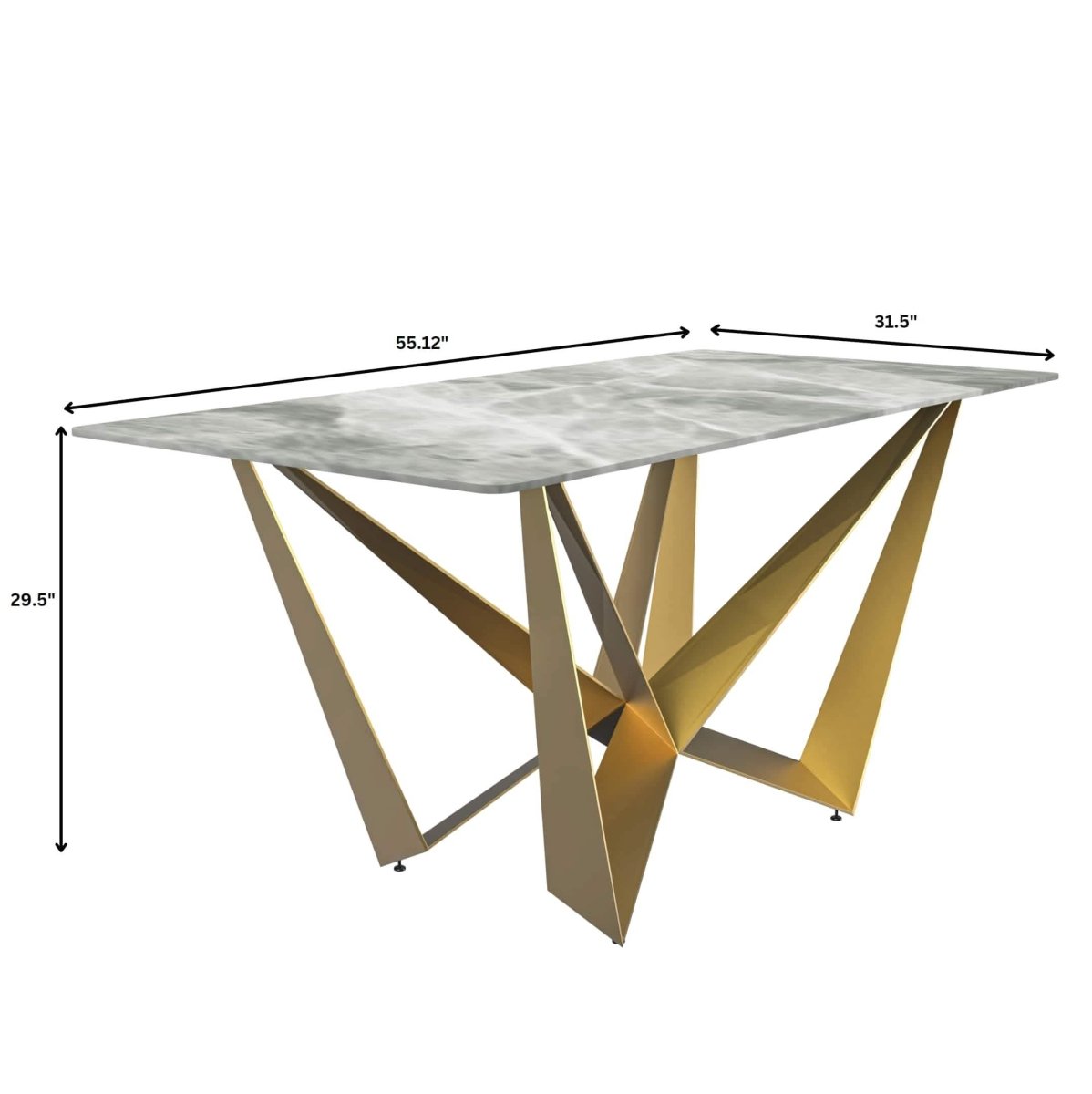 Nuvor Dining Table with Rectangular Sintered Stone/Glass Tabletop and Gold Steel Legs Sintered Stone 55 Inches Wide Light Grey Dining Table Leisuremod