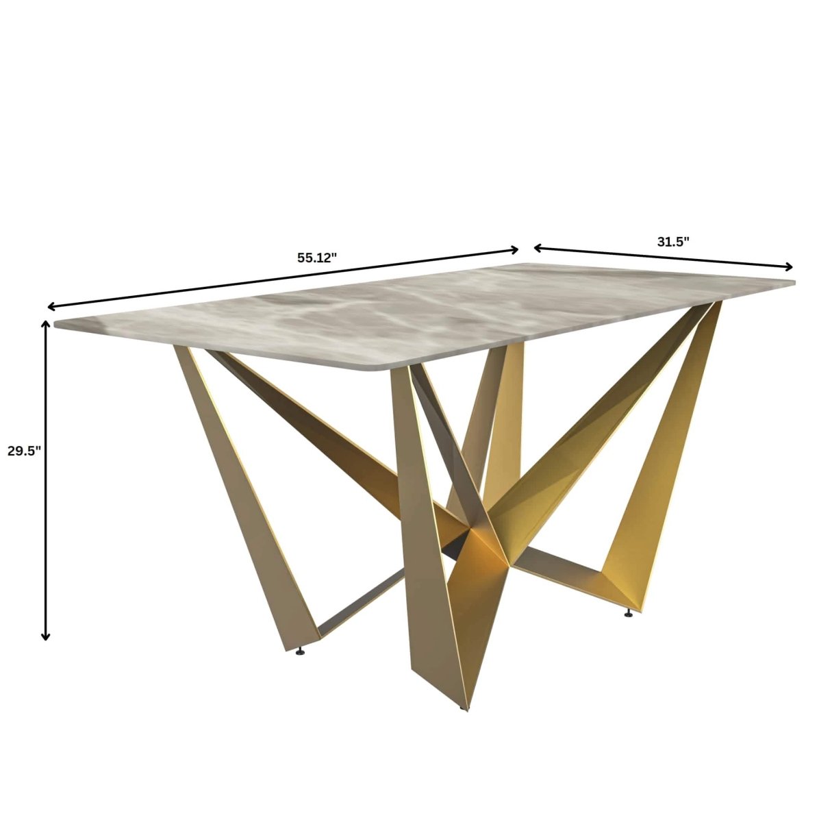 Nuvor Dining Table with Rectangular Sintered Stone/Glass Tabletop and Gold Steel Legs Sintered Stone 55 Inches Wide Deep Grey Dining Table Leisuremod
