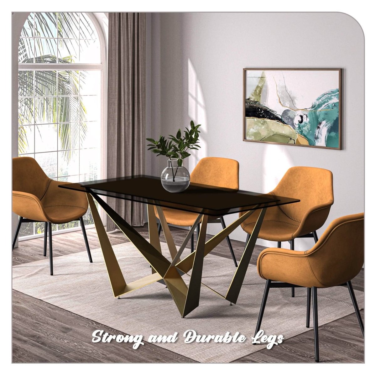 Nuvor Dining Table with Rectangular Sintered Stone/Glass Tabletop and Gold Steel Legs Dining Table Leisuremod