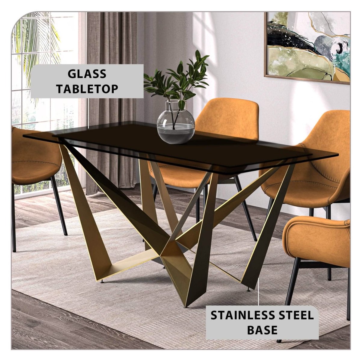 Nuvor Dining Table with Rectangular Sintered Stone/Glass Tabletop and Gold Steel Legs Dining Table Leisuremod