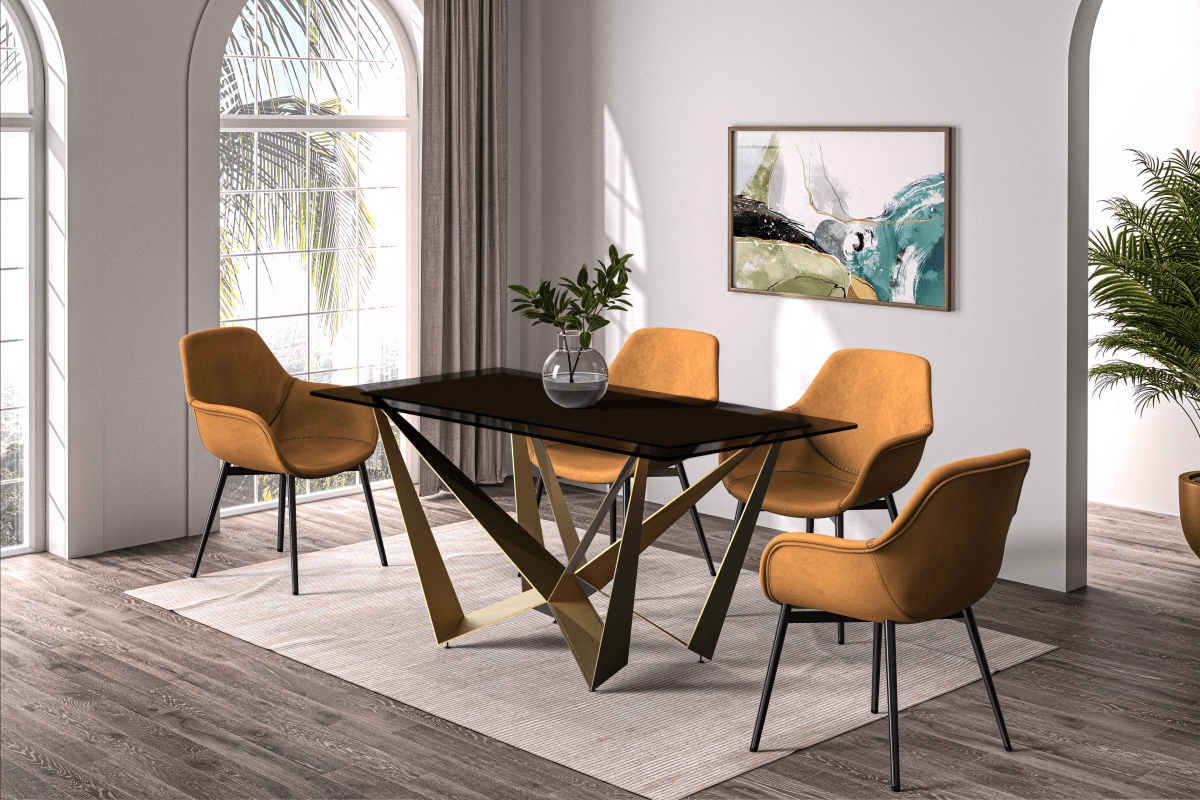 Nuvor Dining Table with Rectangular Sintered Stone/Glass Tabletop and Gold Steel Legs Dining Table Leisuremod