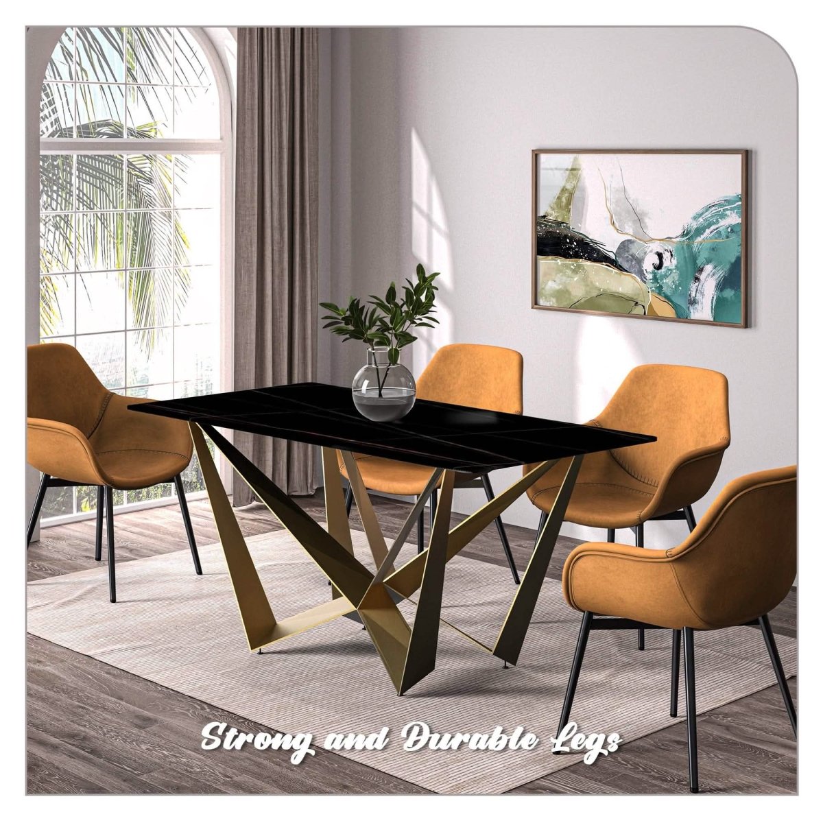 Nuvor Dining Table with Rectangular Sintered Stone/Glass Tabletop and Gold Steel Legs Dining Table Leisuremod