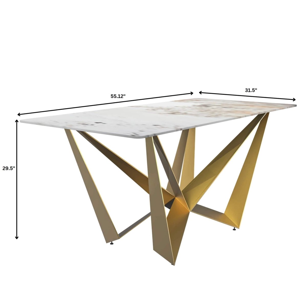 Nuvor Dining Table with Rectangular Sintered Stone/Glass Tabletop and Gold Steel Legs Sintered Stone 55 Inches Wide White Grey Dining Table Leisuremod
