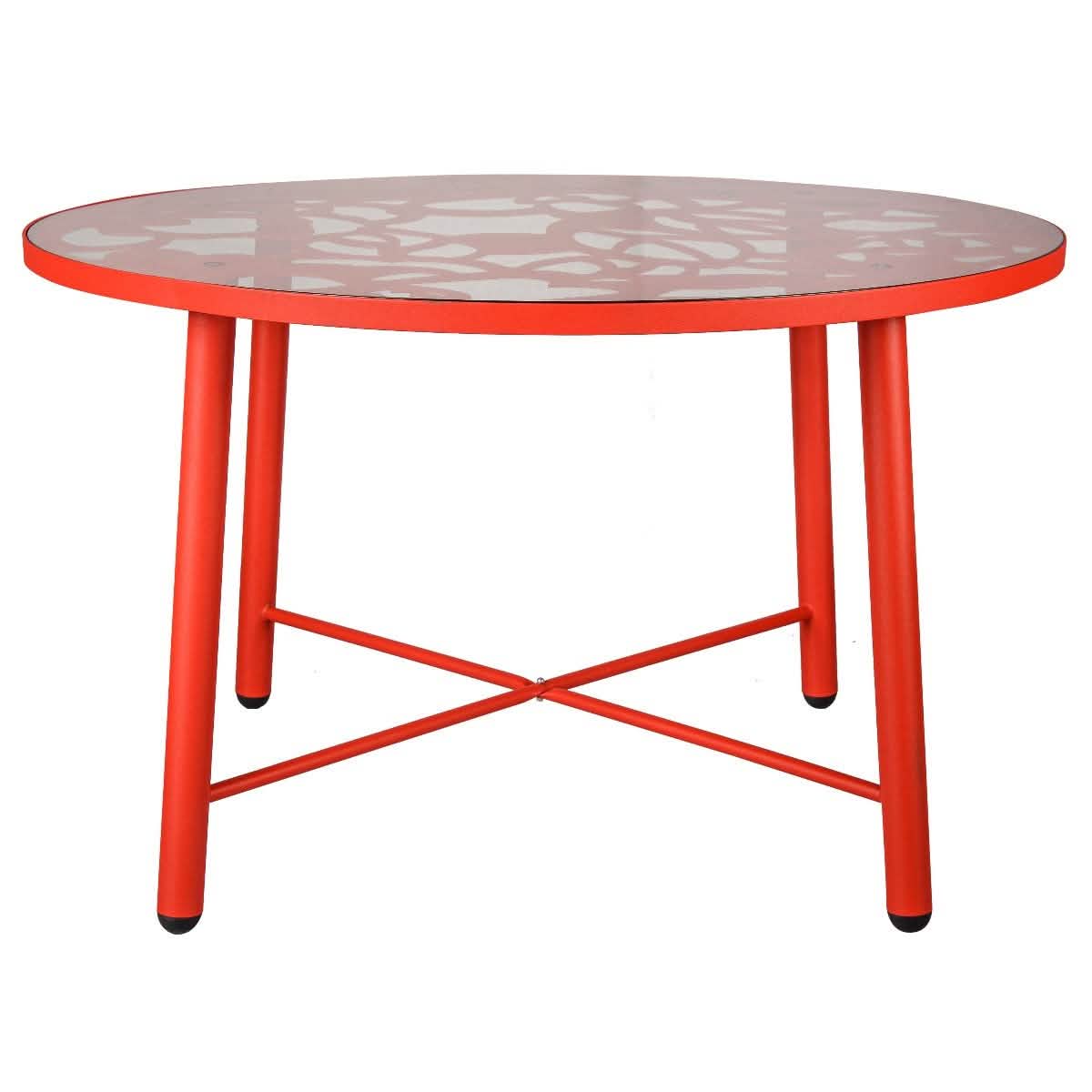 Devon Tree Design Glass Top Aluminum Base Indoor Outdoor 47.25" Dining Table Red Dining Table Leisuremod