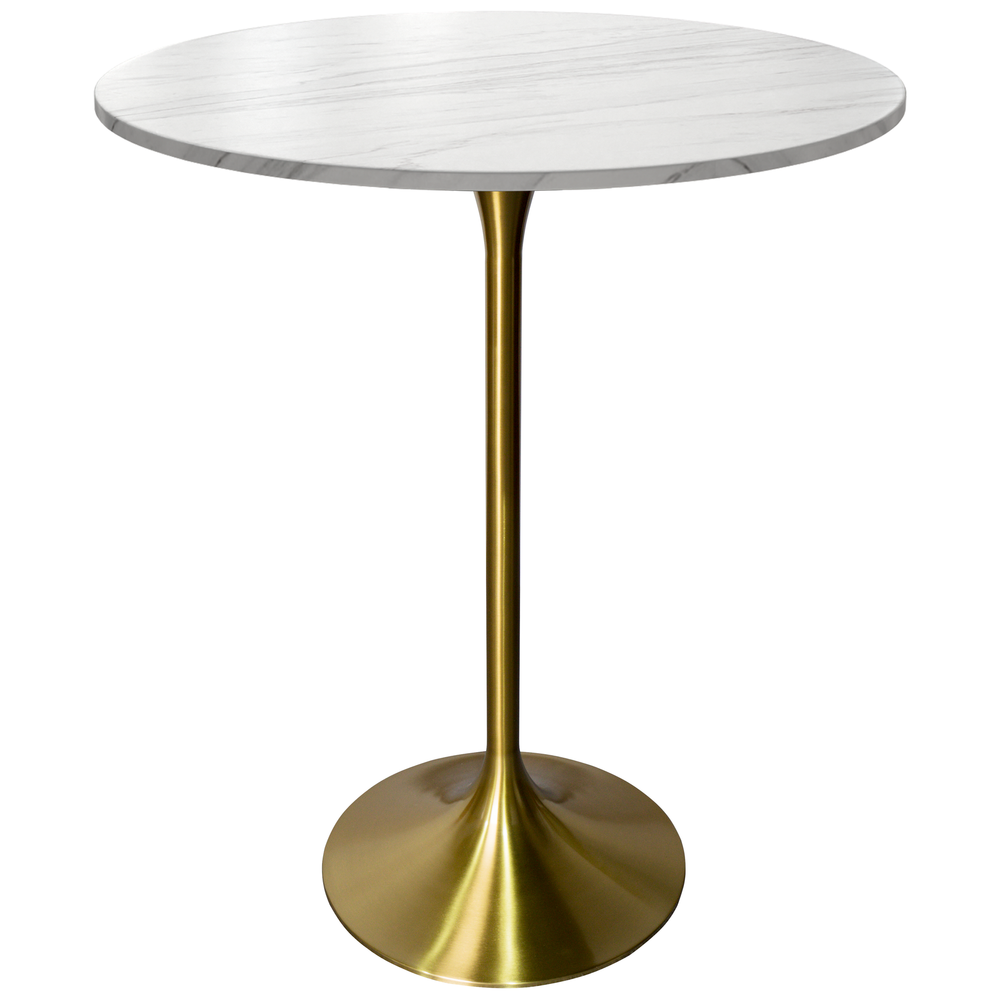 Verve Bar Height Dining Table with Round MDF/Sintered Stone/Resin Top & Gold Stainless Steel Base Sintered Stone 27 Inches Wide White Marbleized Dining Table Leisuremod