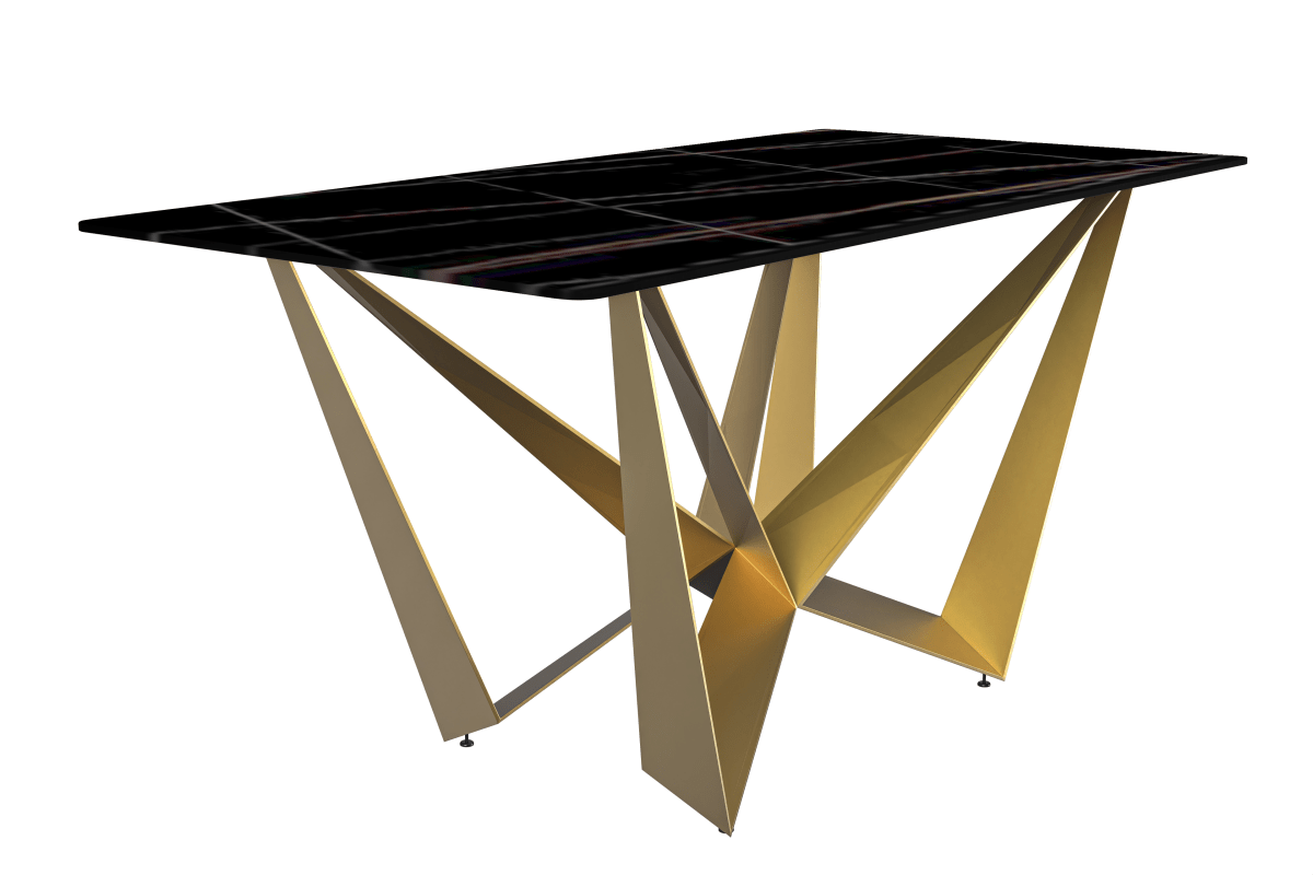 Nuvor Dining Table with Rectangular Sintered Stone/Glass Tabletop and Gold Steel Legs Sintered Stone 55 Inches Wide Black and Gold Dining Table Leisuremod