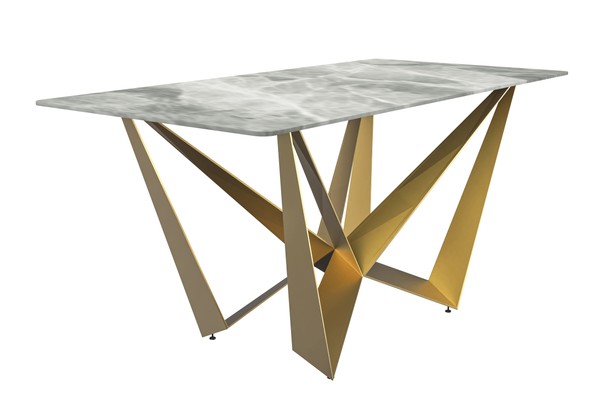 Nuvor Dining Table with Rectangular Sintered Stone/Glass Tabletop and Gold Steel Legs Sintered Stone 55 Inches Wide Light Grey Dining Table Leisuremod