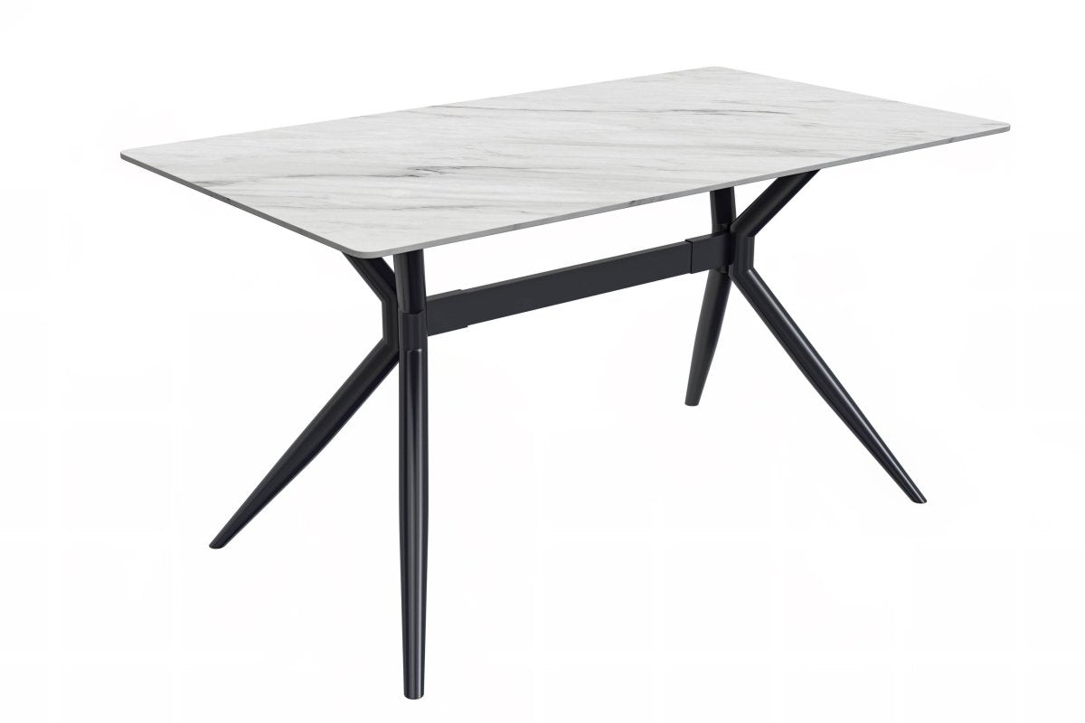 Elega Rectangular Dining Table with Sintered Stone/Glass Rectangular Top and Black Stainless Steel Base Sintered Stone 55 Inches Wide White Dining Table Leisuremod