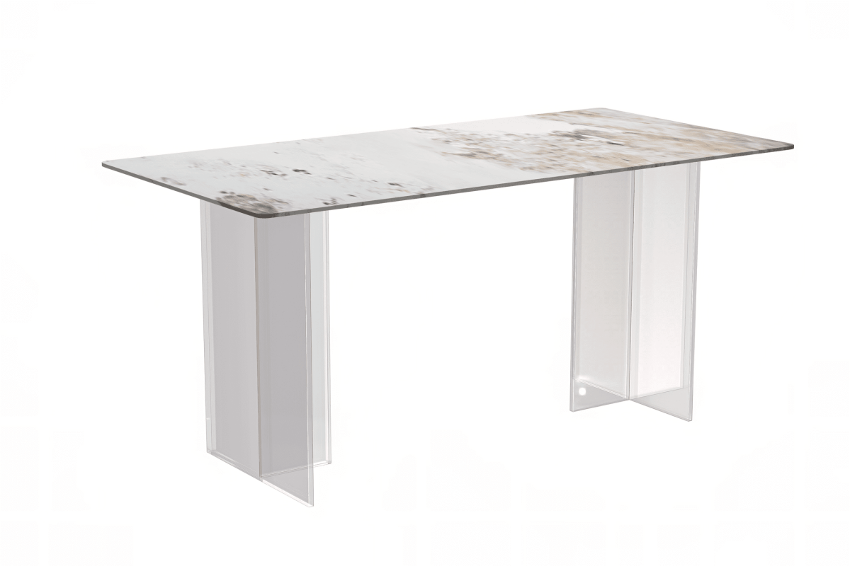 Kova Rectangular Dining Table with Sintered Stone/Glass Top and Acrylic Base Legs Sintered Stone White Grey Dining Table Leisuremod