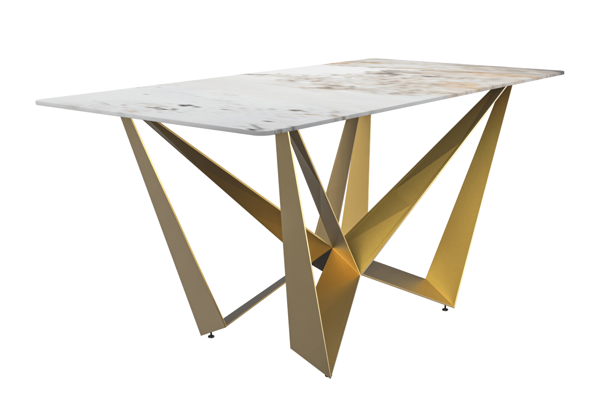 Nuvor Dining Table with Rectangular Sintered Stone/Glass Tabletop and Gold Steel Legs Sintered Stone 55 Inches Wide White Grey Dining Table Leisuremod
