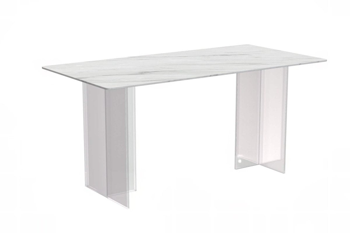 Kova Rectangular Dining Table with Sintered Stone/Glass Top and Acrylic Base Legs Sintered Stone White Dining Table Leisuremod