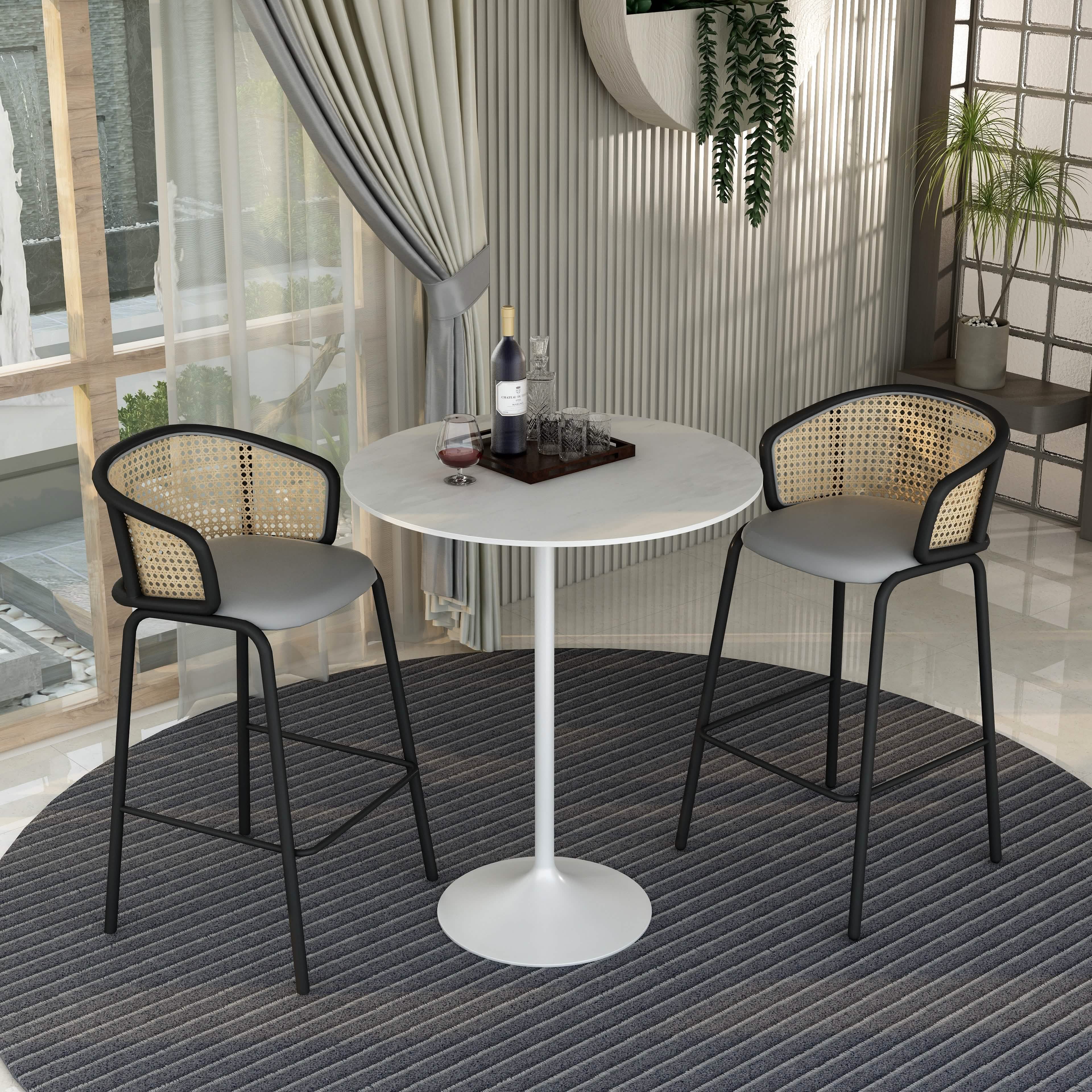 Verve Bar Height Dining Table with Round MDF/Sintered Stone/Resin Top and White Stainless Steel Pedestal Base Sintered Stone 36 Inches Wide Marble White Dining Table Leisuremod