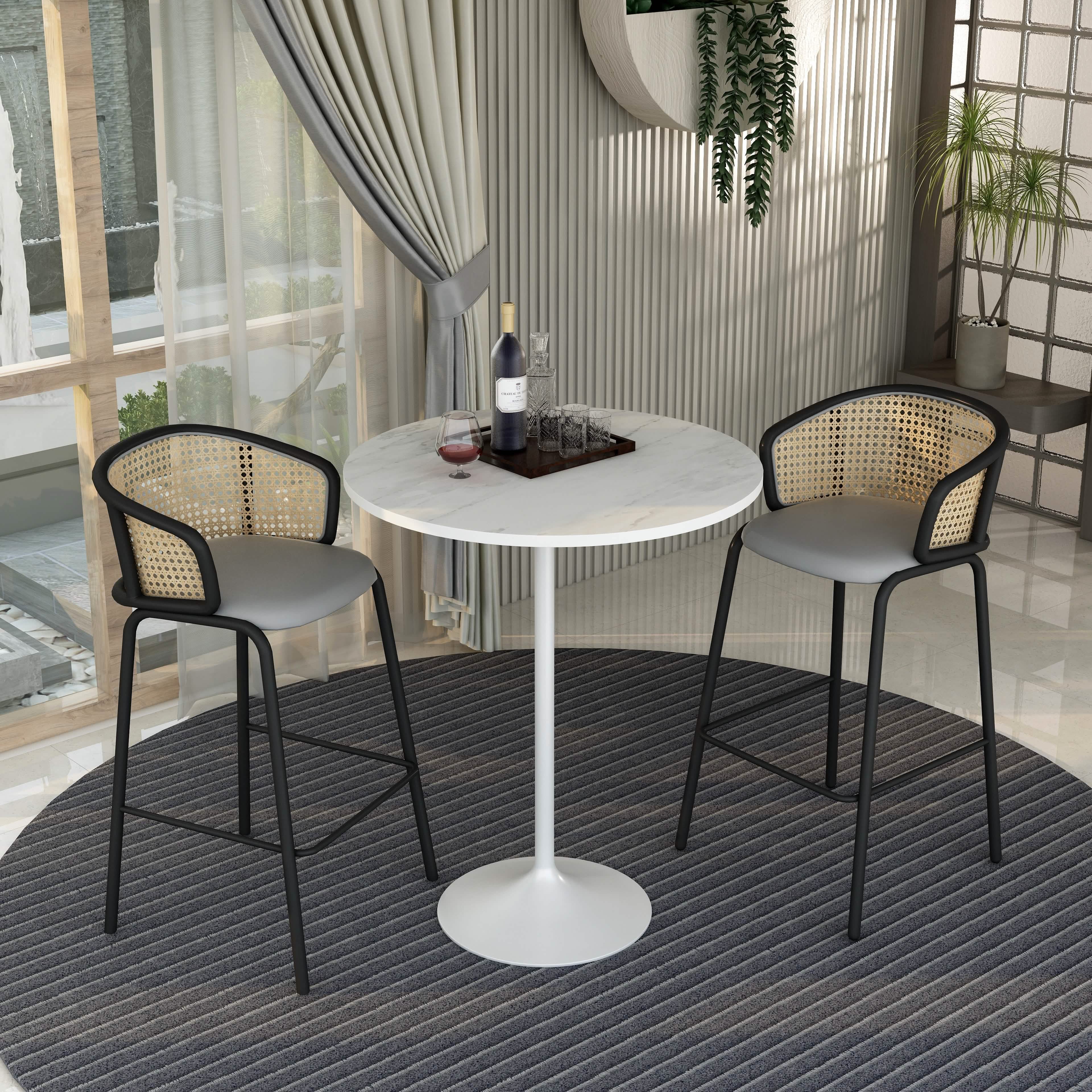 Verve Bar Height Dining Table with Round MDF/Sintered Stone/Resin Top and White Stainless Steel Pedestal Base Resin 36 Inches Wide White Marbleized Dining Table Leisuremod