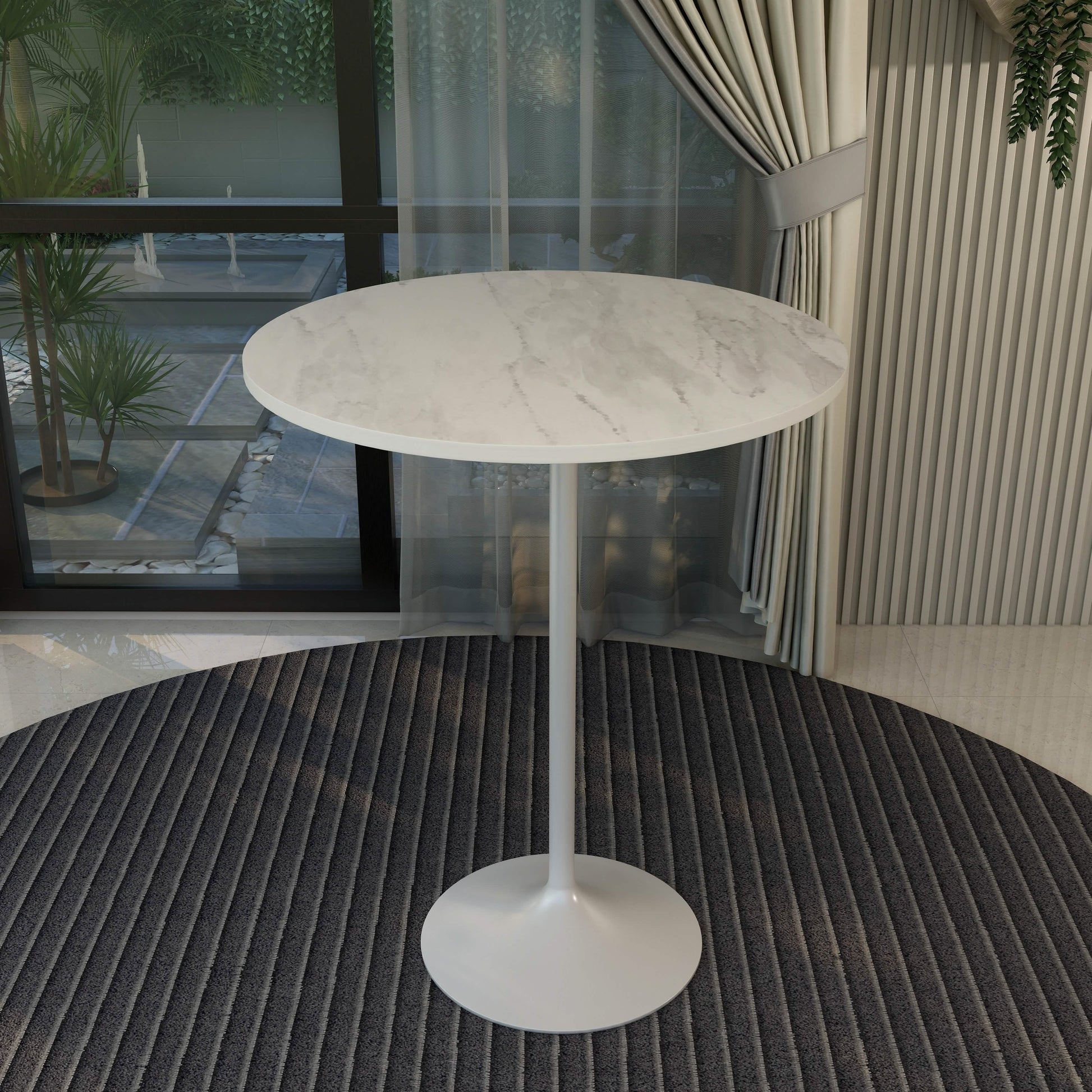 Verve Bar Height Dining Table with Round MDF/Sintered Stone/Resin Top and White Stainless Steel Pedestal Base Resin 36 Inches Wide White Marbleized Dining Table Leisuremod
