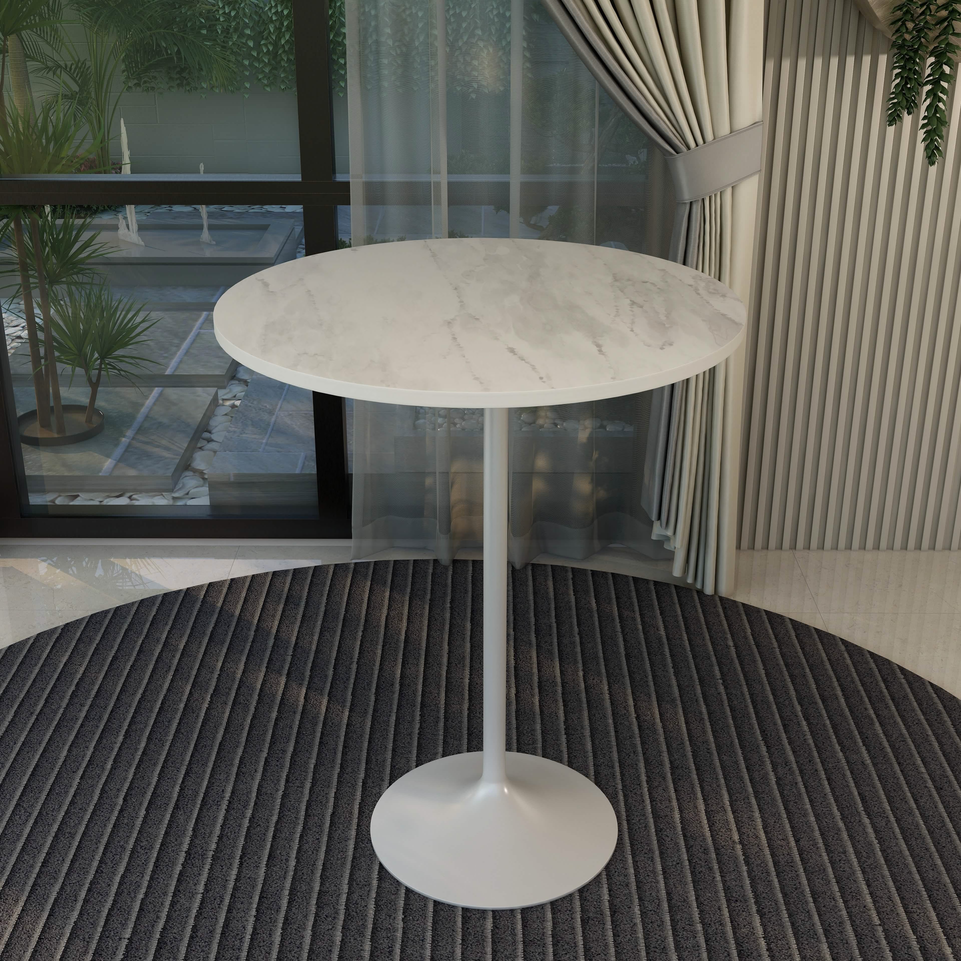 Verve Bar Height Dining Table with Round MDF/Sintered Stone/Resin Top and White Stainless Steel Pedestal Base Resin 36 Inches Wide White Marbleized Dining Table Leisuremod