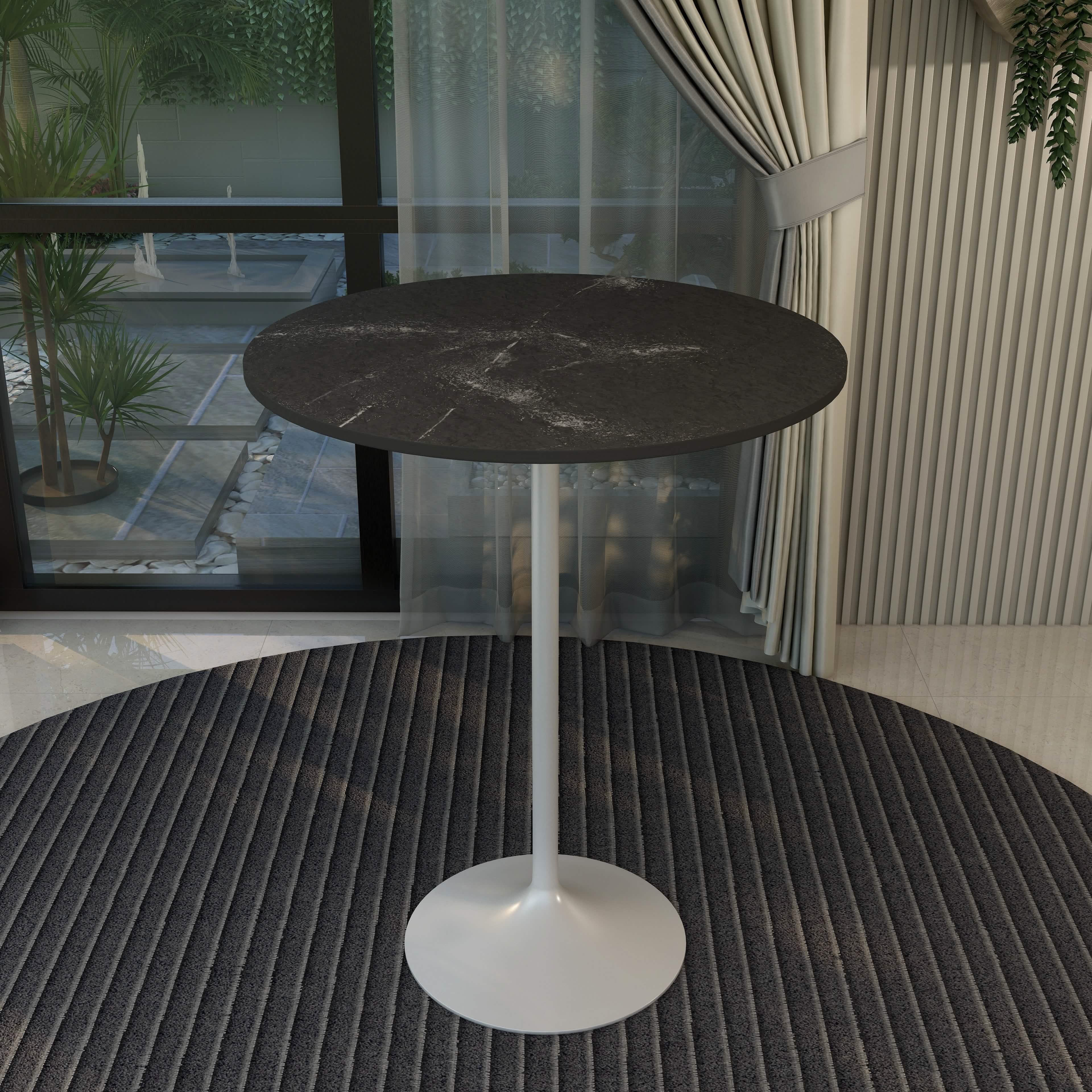 Verve Bar Height Dining Table with Round MDF/Sintered Stone/Resin Top and White Stainless Steel Pedestal Base MDF 36 Inches Wide Black Marbleized Dining Table Leisuremod
