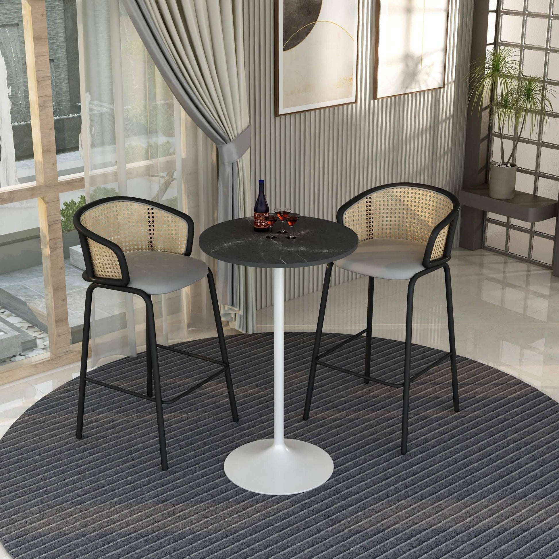 Verve Bar Height Dining Table with Round MDF/Sintered Stone/Resin Top and White Stainless Steel Pedestal Base MDF 27 Inches Wide Black Marbleized Dining Table Leisuremod