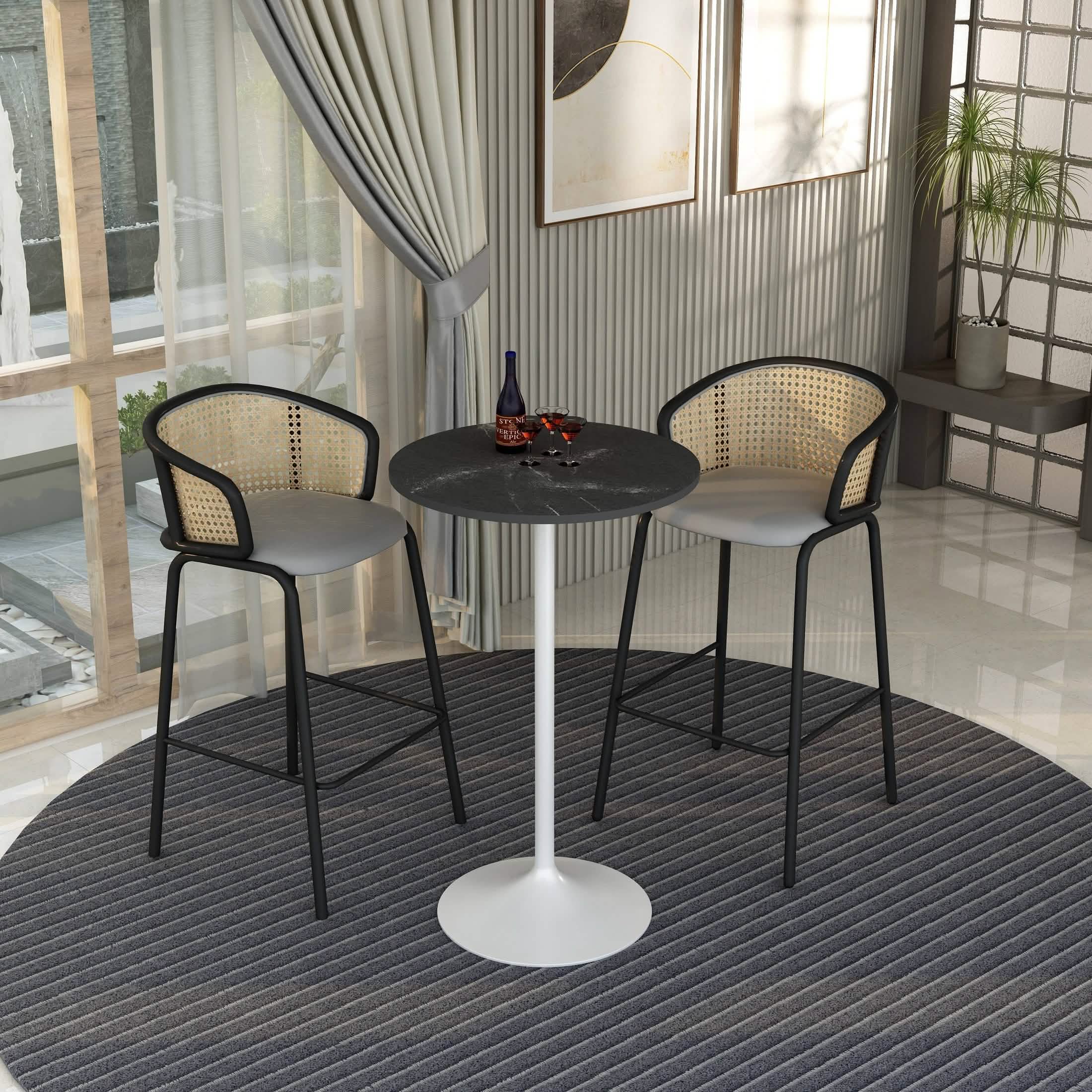 Verve Bar Height Dining Table with Round MDF/Sintered Stone/Resin Top and White Stainless Steel Pedestal Base MDF 27 Inches Wide Black Marbleized Dining Table Leisuremod
