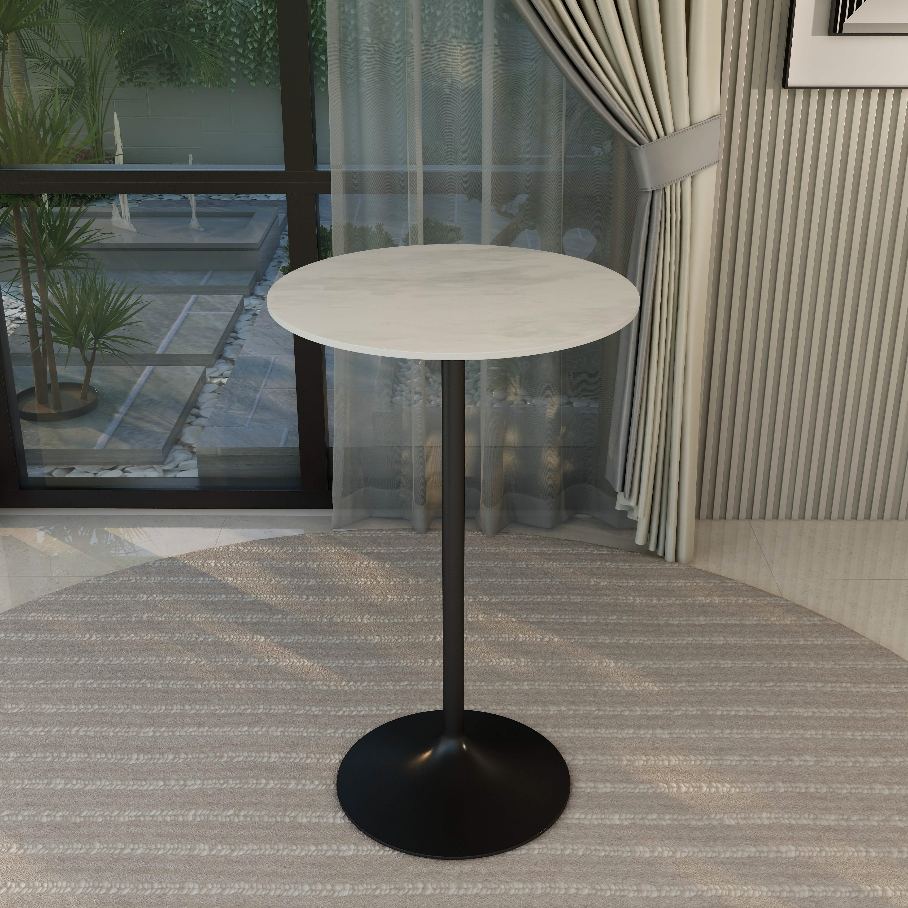 Verve Bar Height Dining Table with Round MDF/Sintered Stone/Resin Top & Black Stainless Steel Base Sintered Stone 27 Inches Wide Marble White Dining Table Leisuremod