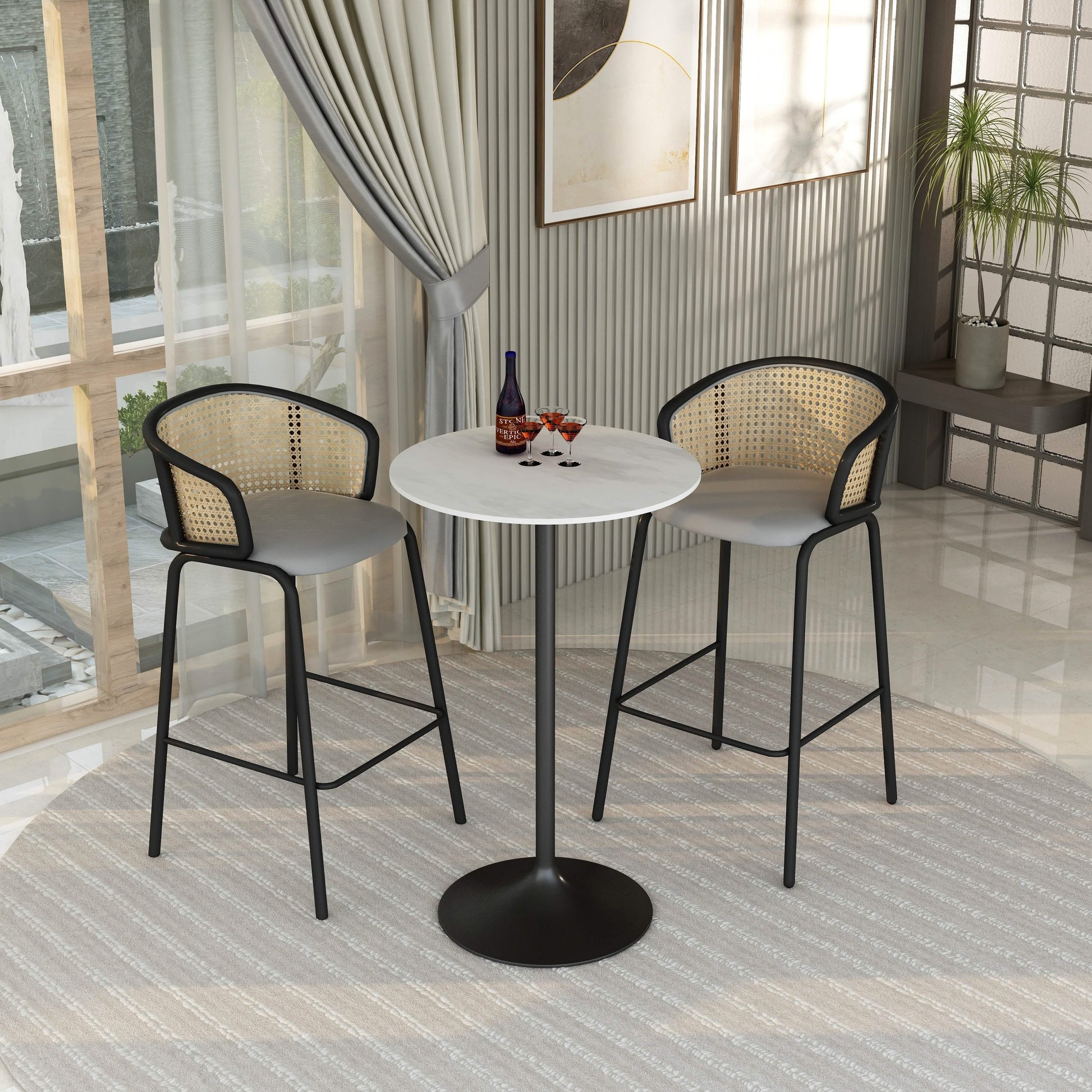 Verve Bar Height Dining Table with Round MDF/Sintered Stone/Resin Top & Black Stainless Steel Base Resin 27 Inches Wide Marble White Dining Table Leisuremod