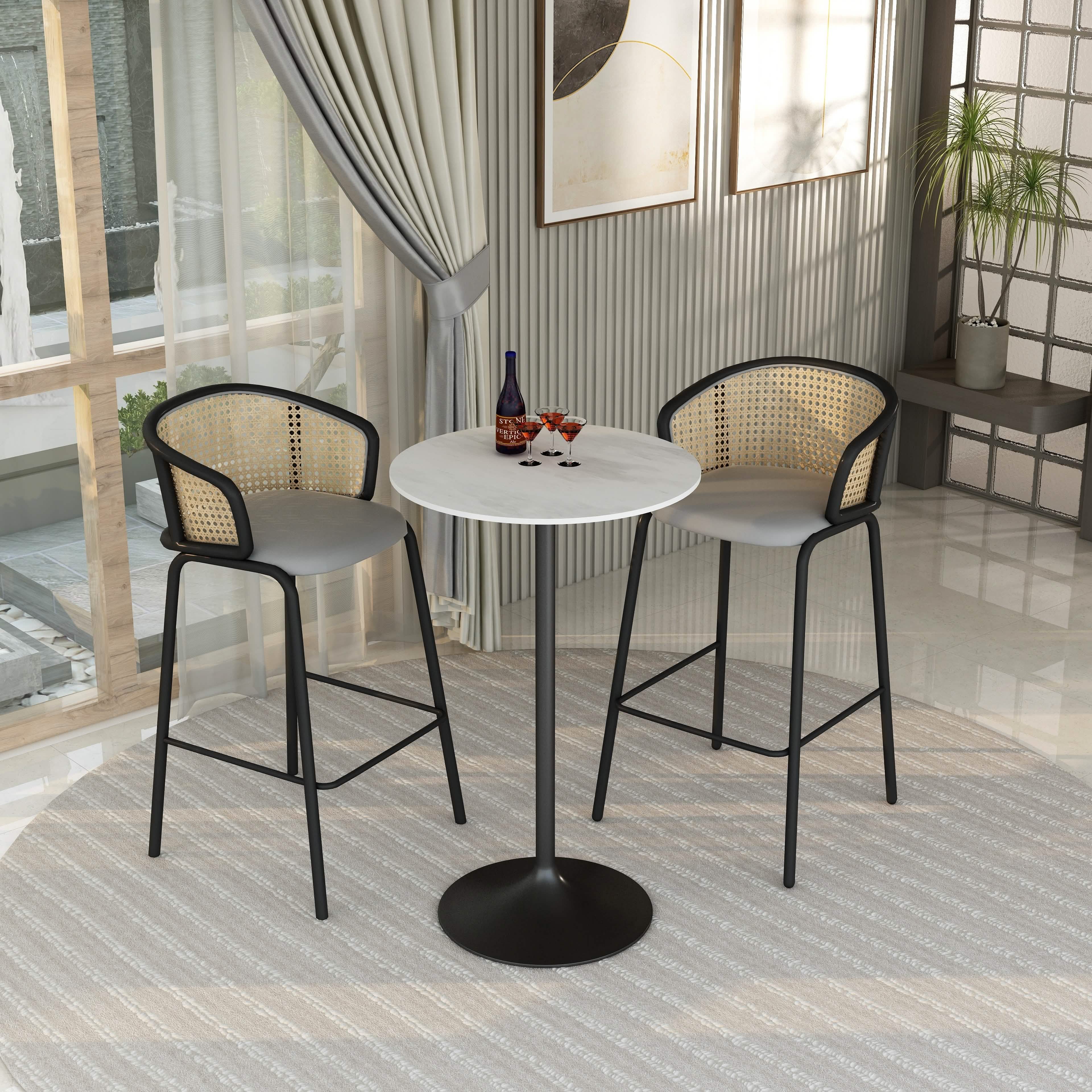 Verve Bar Height Dining Table with Round MDF/Sintered Stone/Resin Top & Black Stainless Steel Base Resin 27 Inches Wide Marble White Dining Table Leisuremod