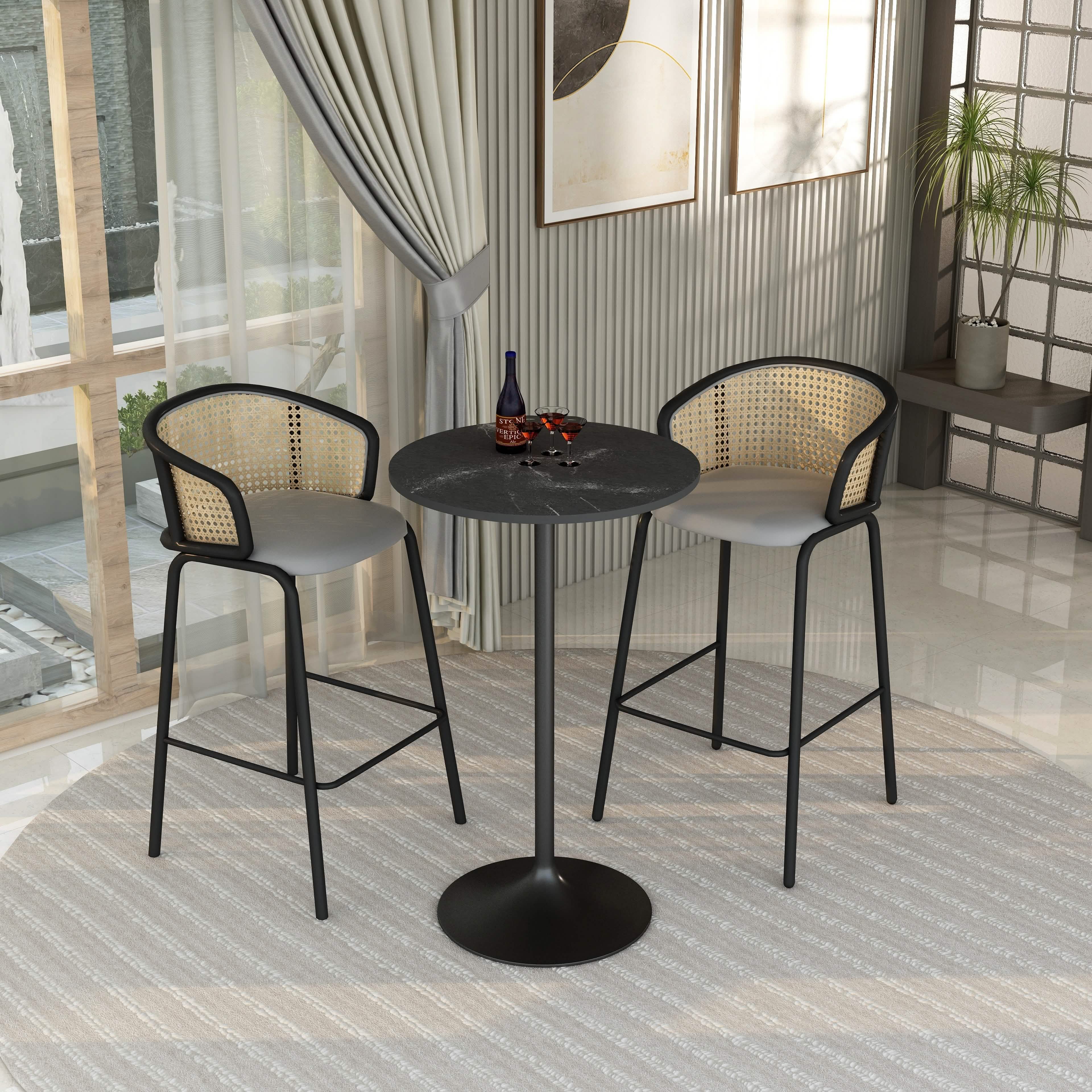 Verve Bar Height Dining Table with Round MDF/Sintered Stone/Resin Top & Black Stainless Steel Base 27 Inches Wide Black Marbleized Dining Table Leisuremod