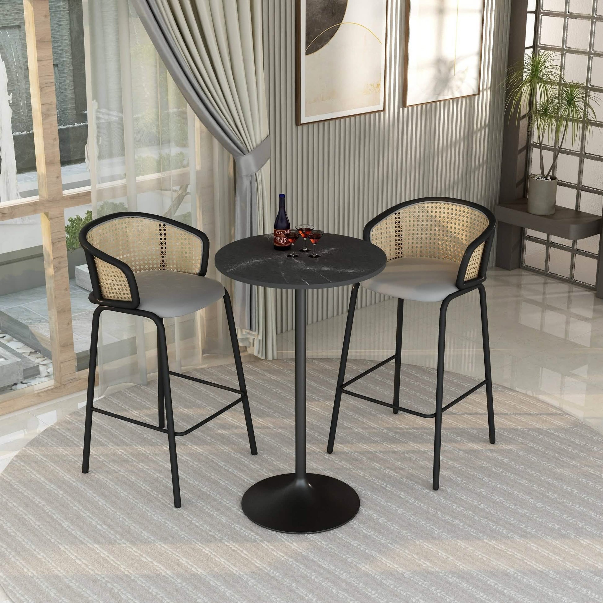 Verve Bar Height Dining Table with Round MDF/Sintered Stone/Resin Top & Black Stainless Steel Base 27 Inches Wide Black Marbleized Dining Table Leisuremod