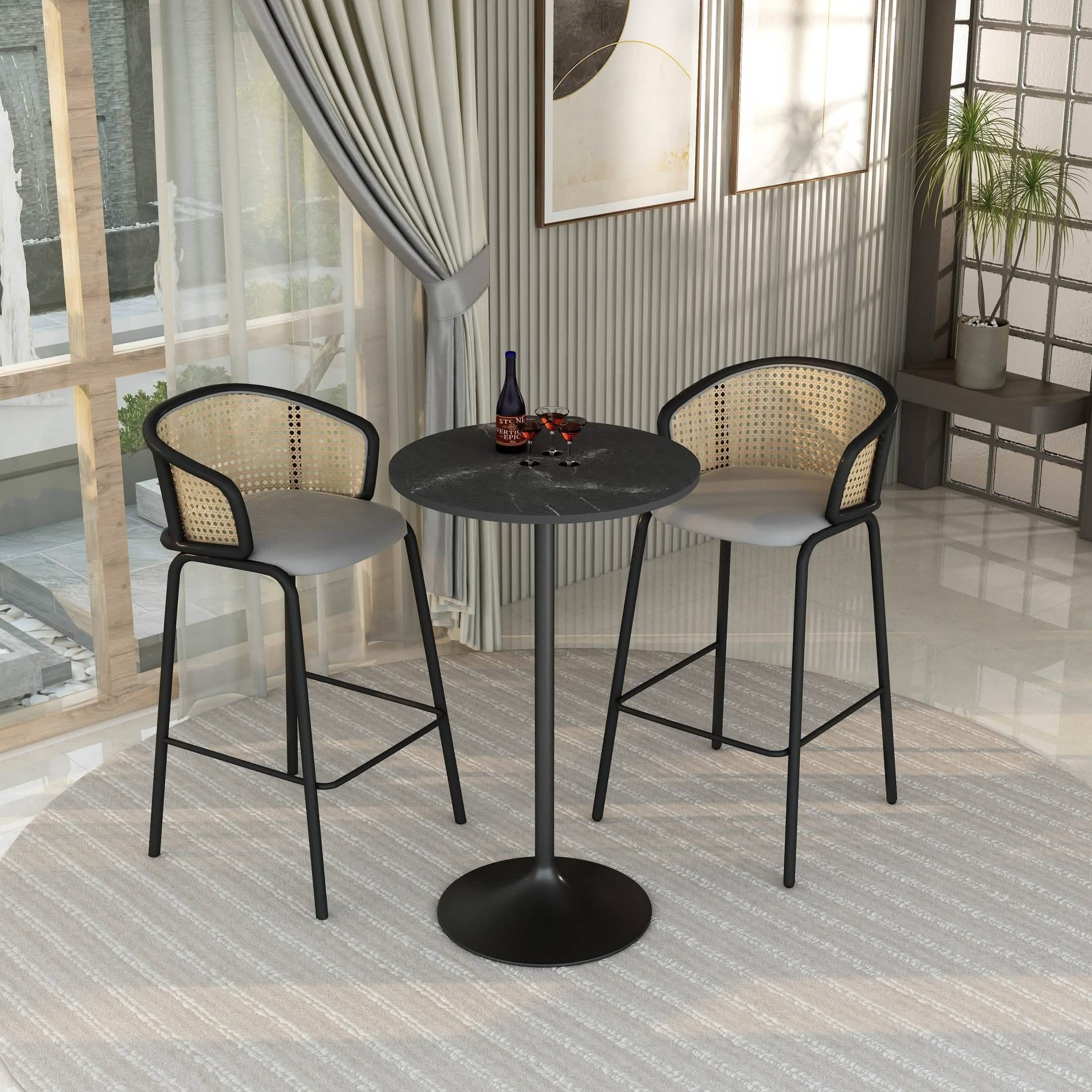 Verve Bar Height Dining Table with Round MDF/Sintered Stone/Resin Top & Black Stainless Steel Base 27 Inches Wide Black Marbleized Dining Table Leisuremod