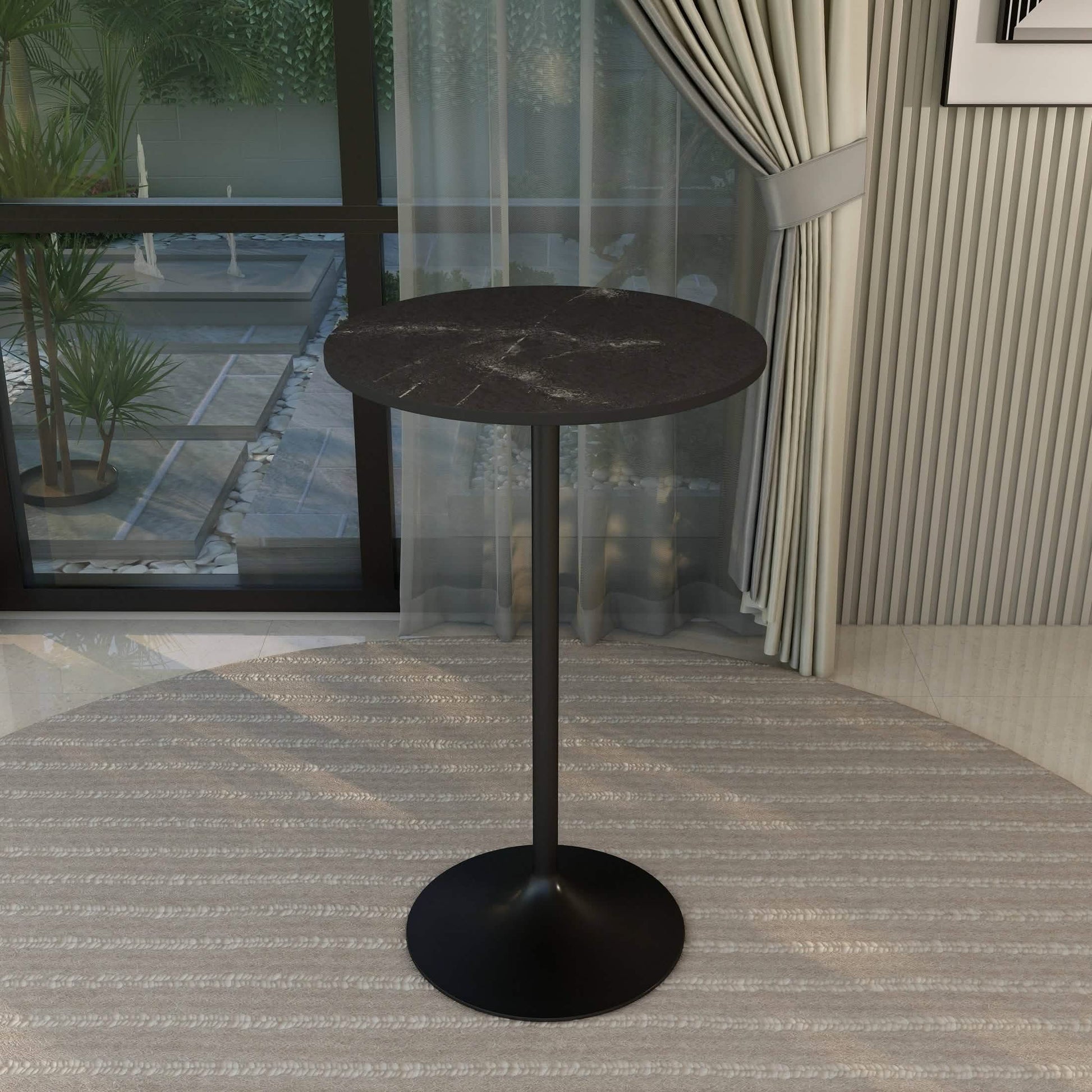 Verve Bar Height Dining Table with Round MDF/Sintered Stone/Resin Top & Black Stainless Steel Base 27 Inches Wide Black Marbleized Dining Table Leisuremod